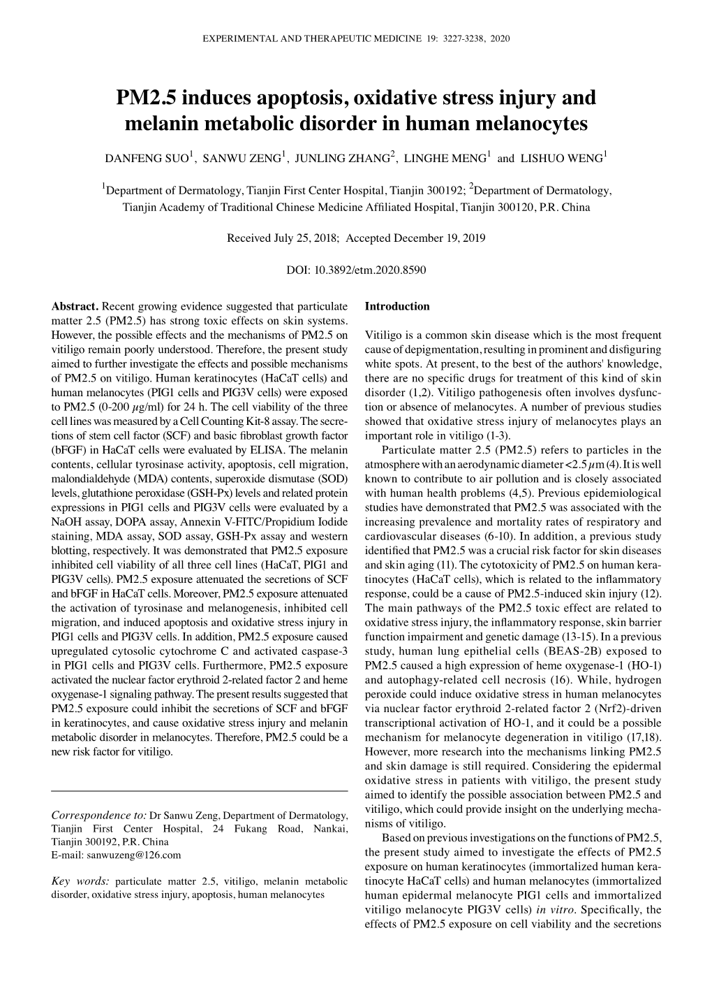 PM2.5 Induces Apoptosis, Oxidative Stress Injury and Melanin Metabolic Disorder in Human Melanocytes