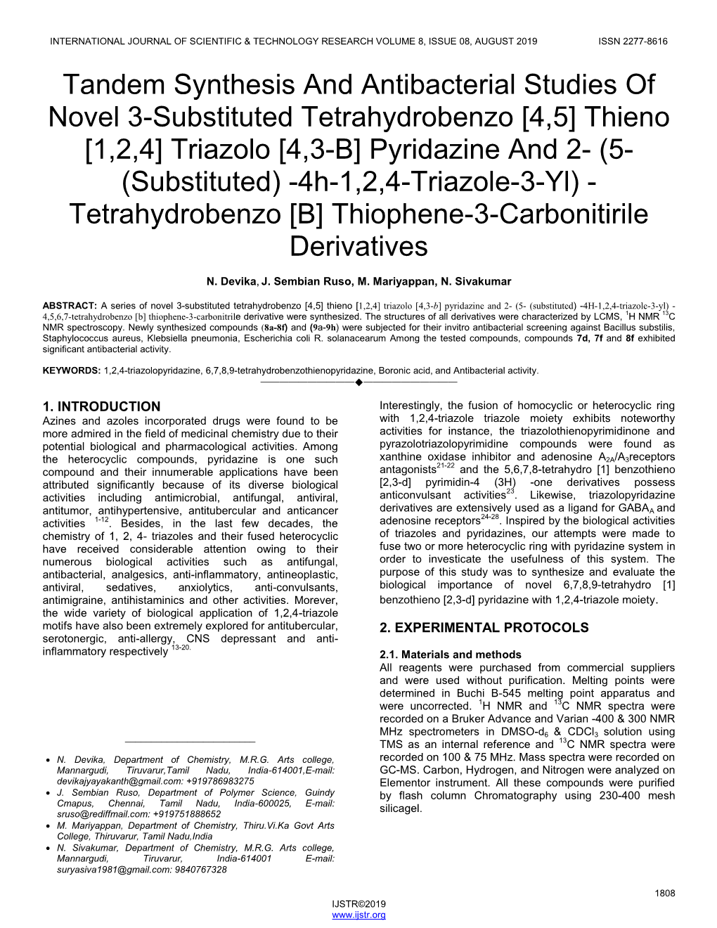 Tandem Synthesis and Antibacterial Studies of Novel 3-Substituted