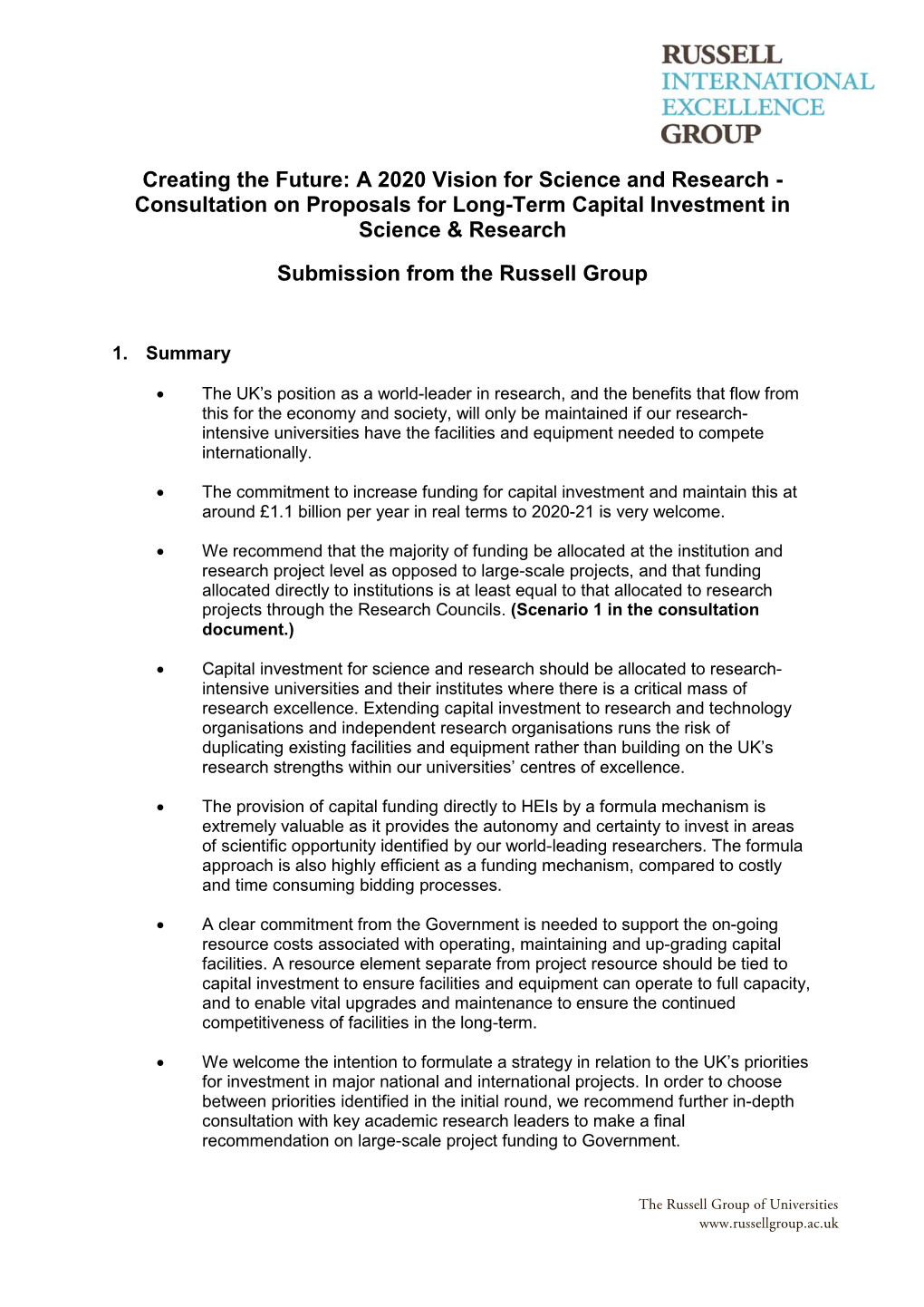 Consultation on Proposals for Long-Term Capital Investment in Science & Research