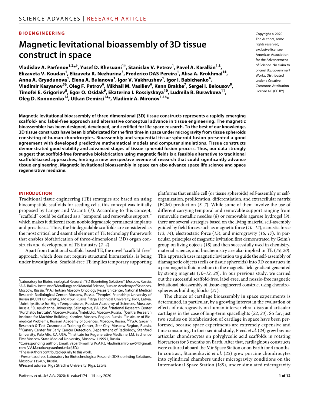 Magnetic Levitational Bioassembly of 3D Tissue Construct in Space