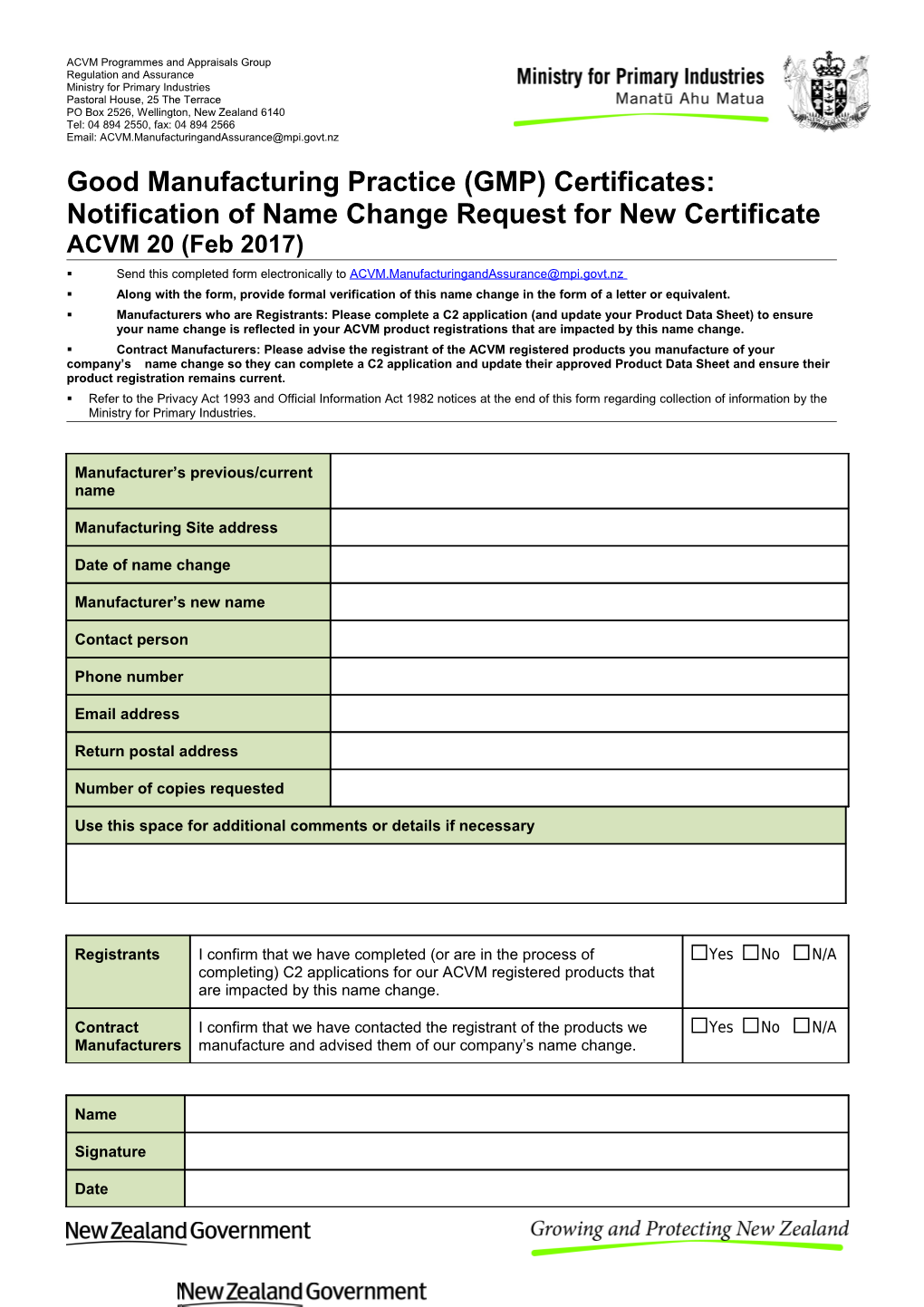 ACVM 20 GMP Certificates Name Change