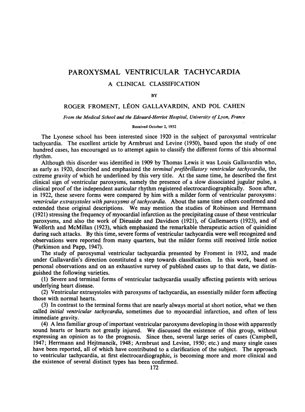 Paroxysmal Ventricular Tachycardia a Clinical Classification