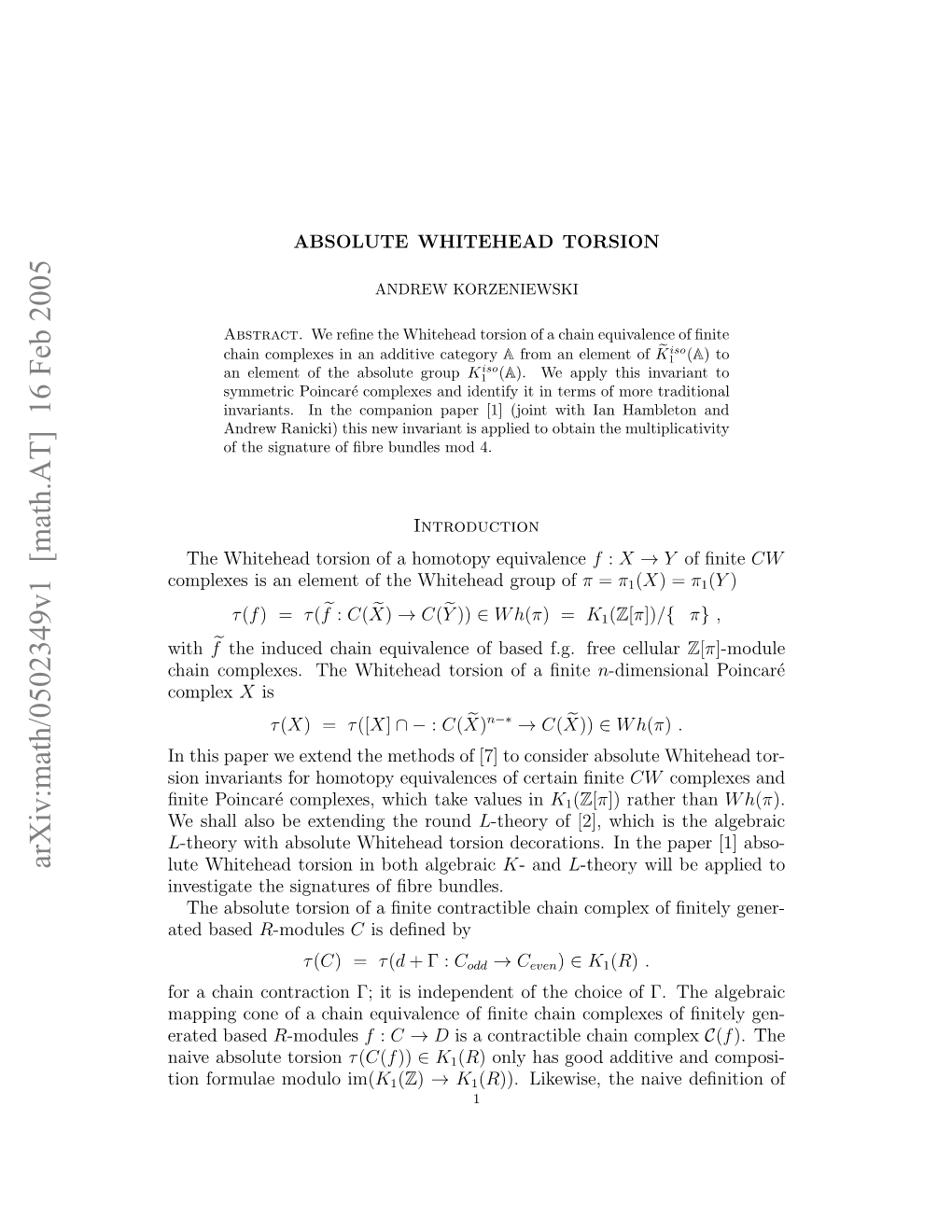 Absolute Whitehead Torsion