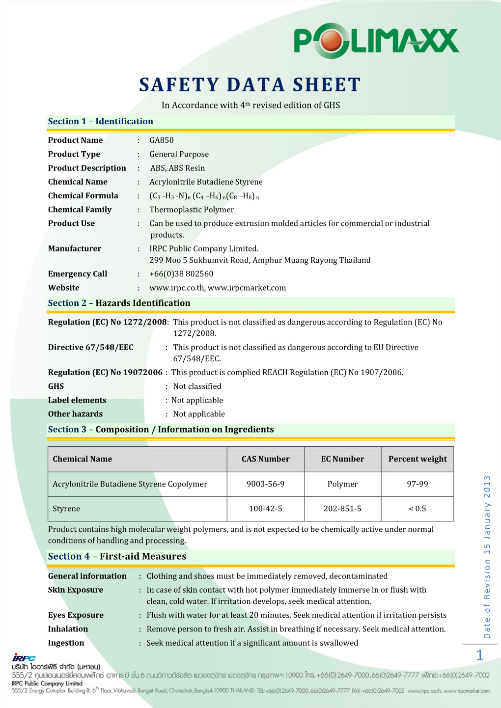 SAFETY DATA SHEET in Accordance with 4Th Revised Edition of GHS Section 1 – Identification