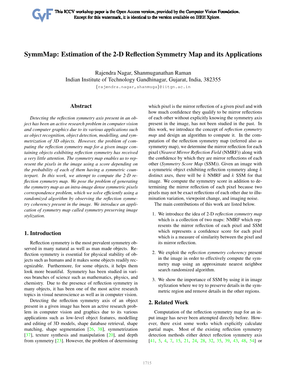 Estimation of the 2-D Reflection Symmetry Map and Its Applications