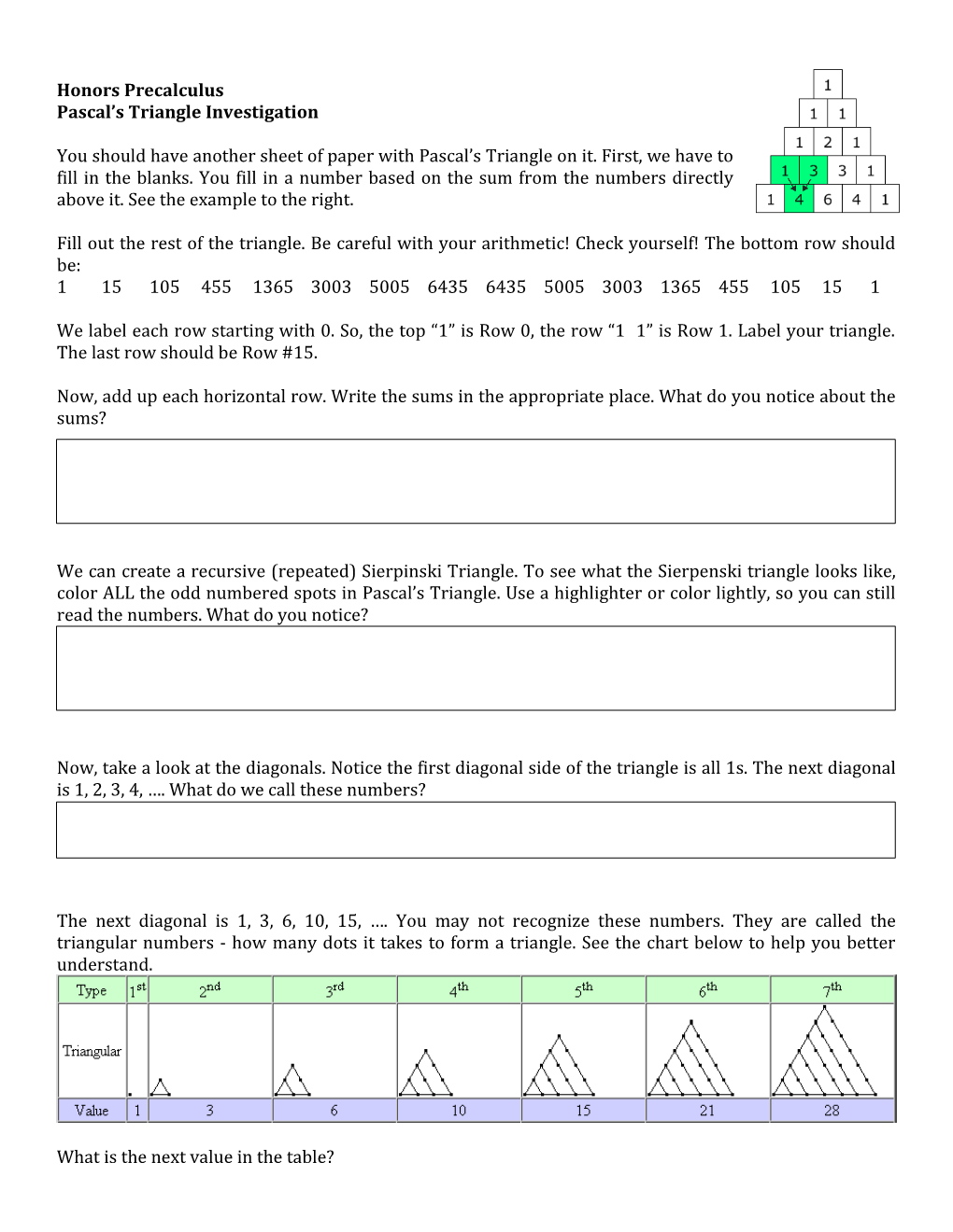 Honors Precalculus Pascal S Triangle Investigation