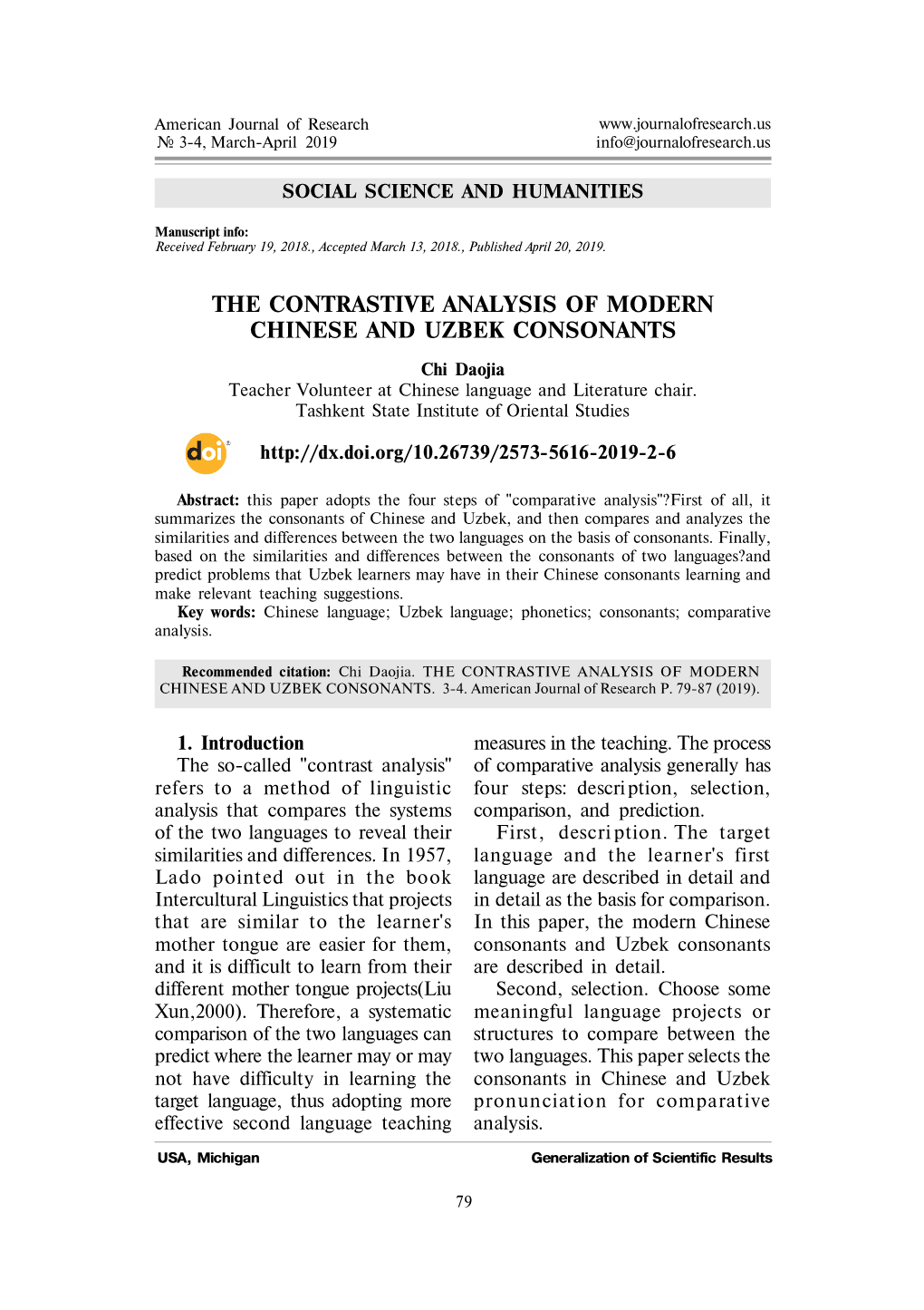 The Contrastive Analysis of Modern Chinese and Uzbek Consonants