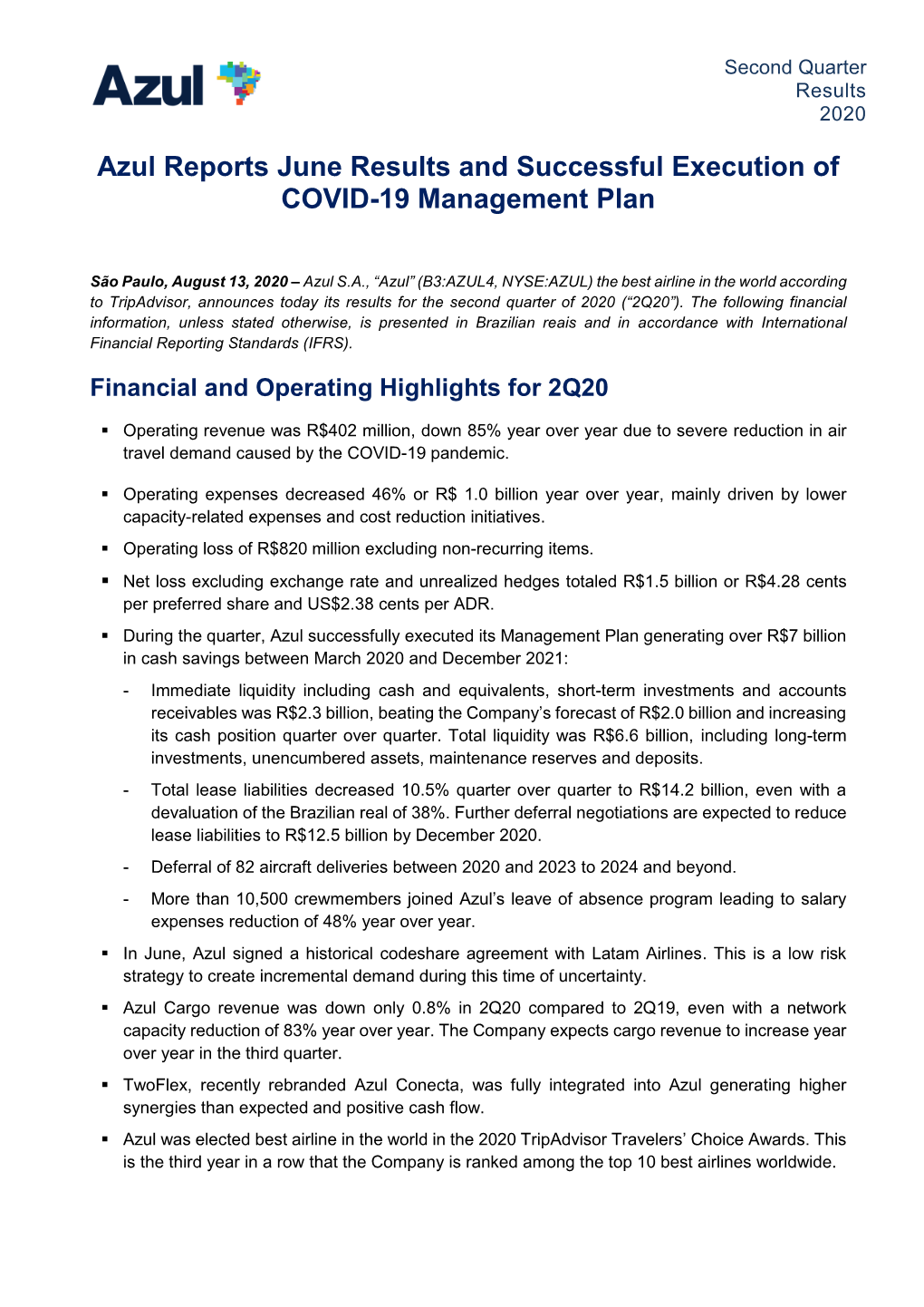 Azul Reports June Results and Successful Execution of COVID-19 Management Plan