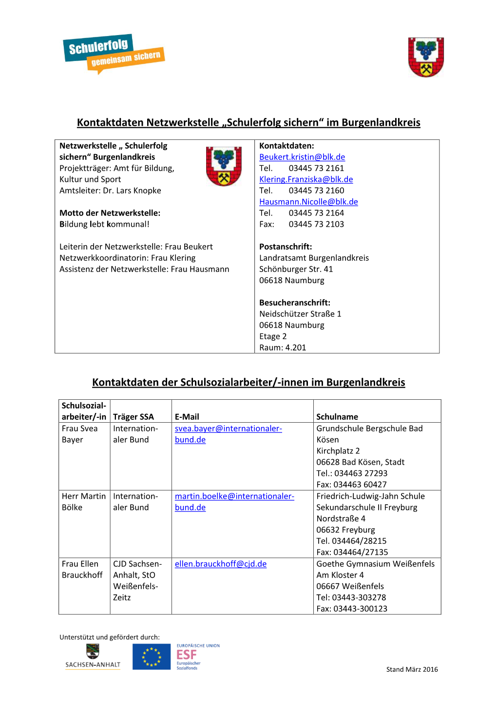 „Schulerfolg Sichern“ Im Burgenlandkreis Kontaktdaten Der