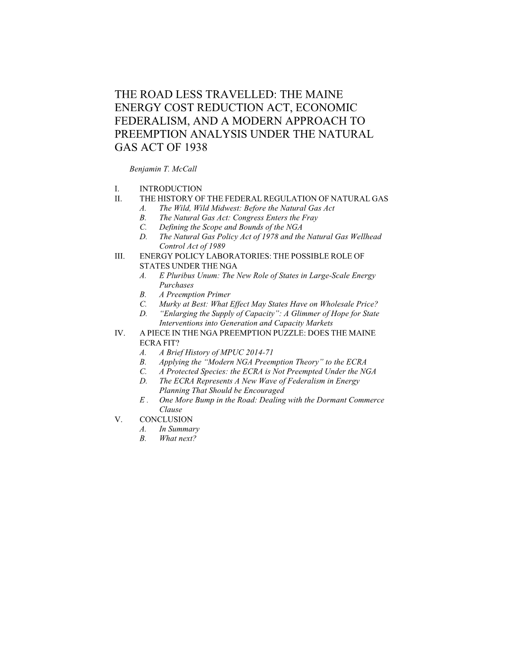 The Maine Energy Cost Reduction Act, Economic Federalism, and a Modern Approach to Preemption Analysis Under the Natural Gas Act of 1938