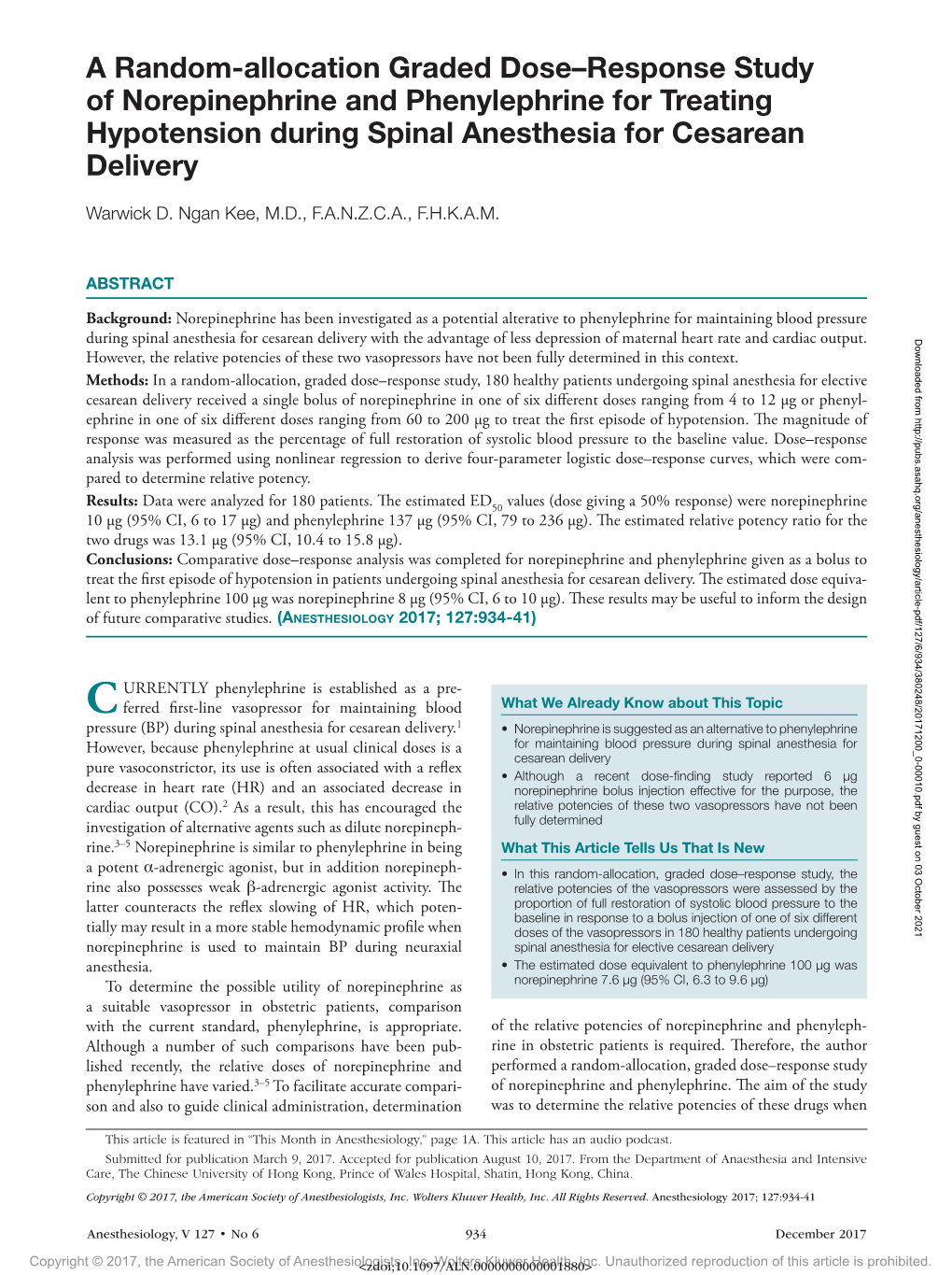 A Random-Allocation Graded Dose–Response Study of Norepinephrine and Phenylephrine for Treating Hypotension During Spinal Anesthesia for Cesarean Delivery