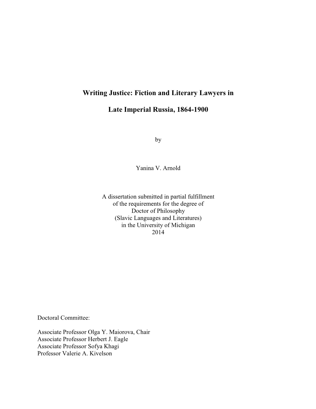 Fiction and Literary Lawyers in Late Imperial Russia, 1864-1900