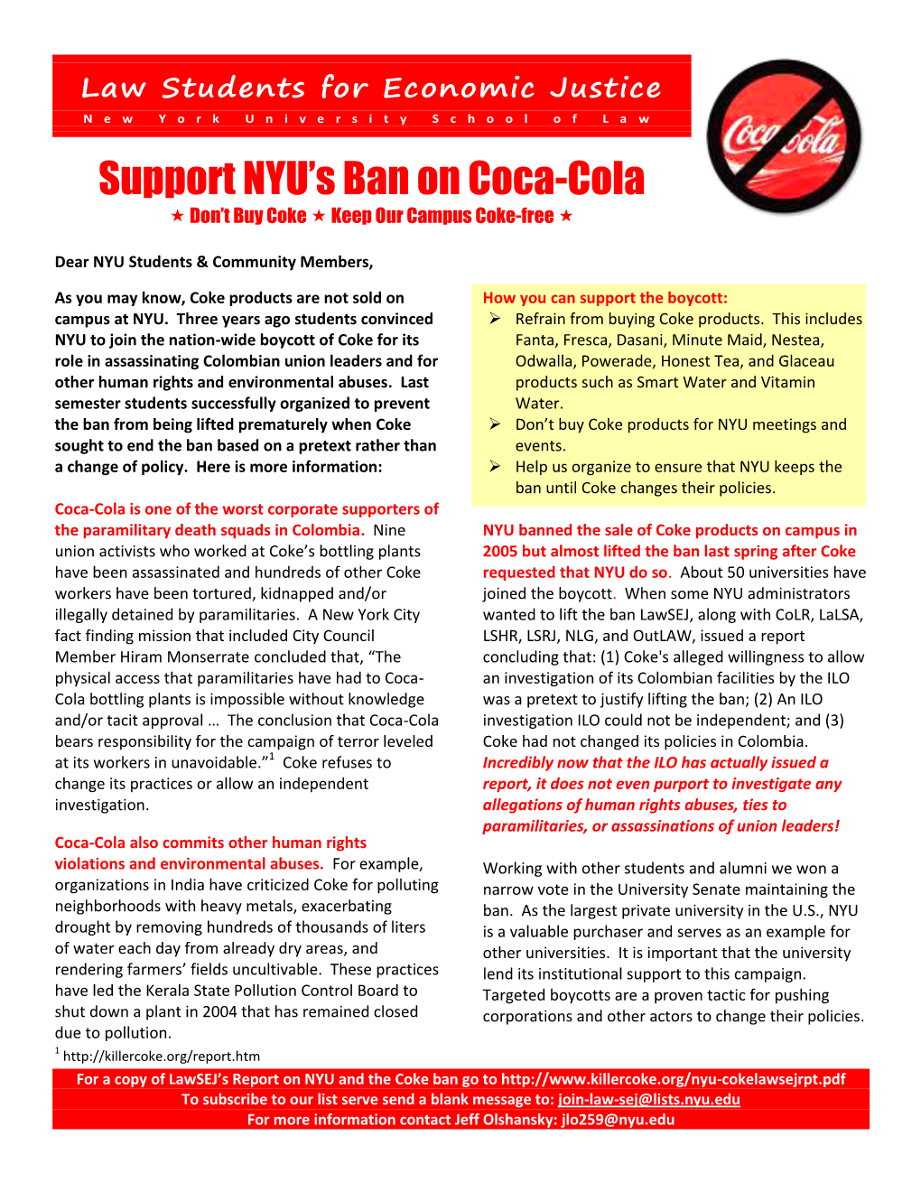 Support NYU's Ban on Coca-Cola