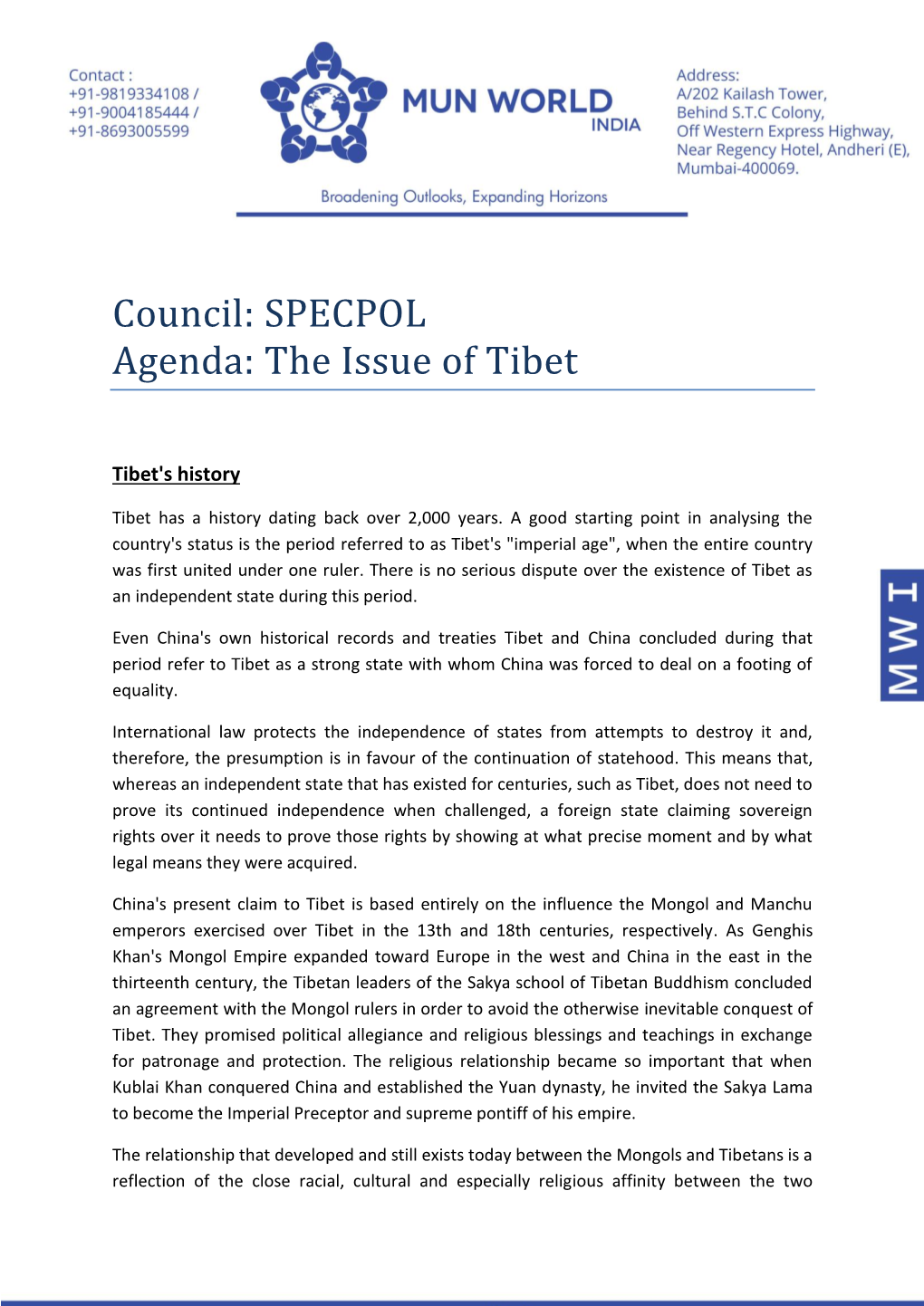 SPECPOL Agenda: the Issue of Tibet