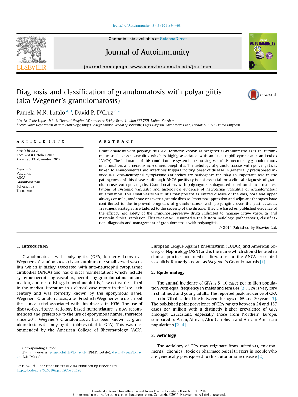 Diagnosis and Classification of Granulomatosis with Polyangiitis