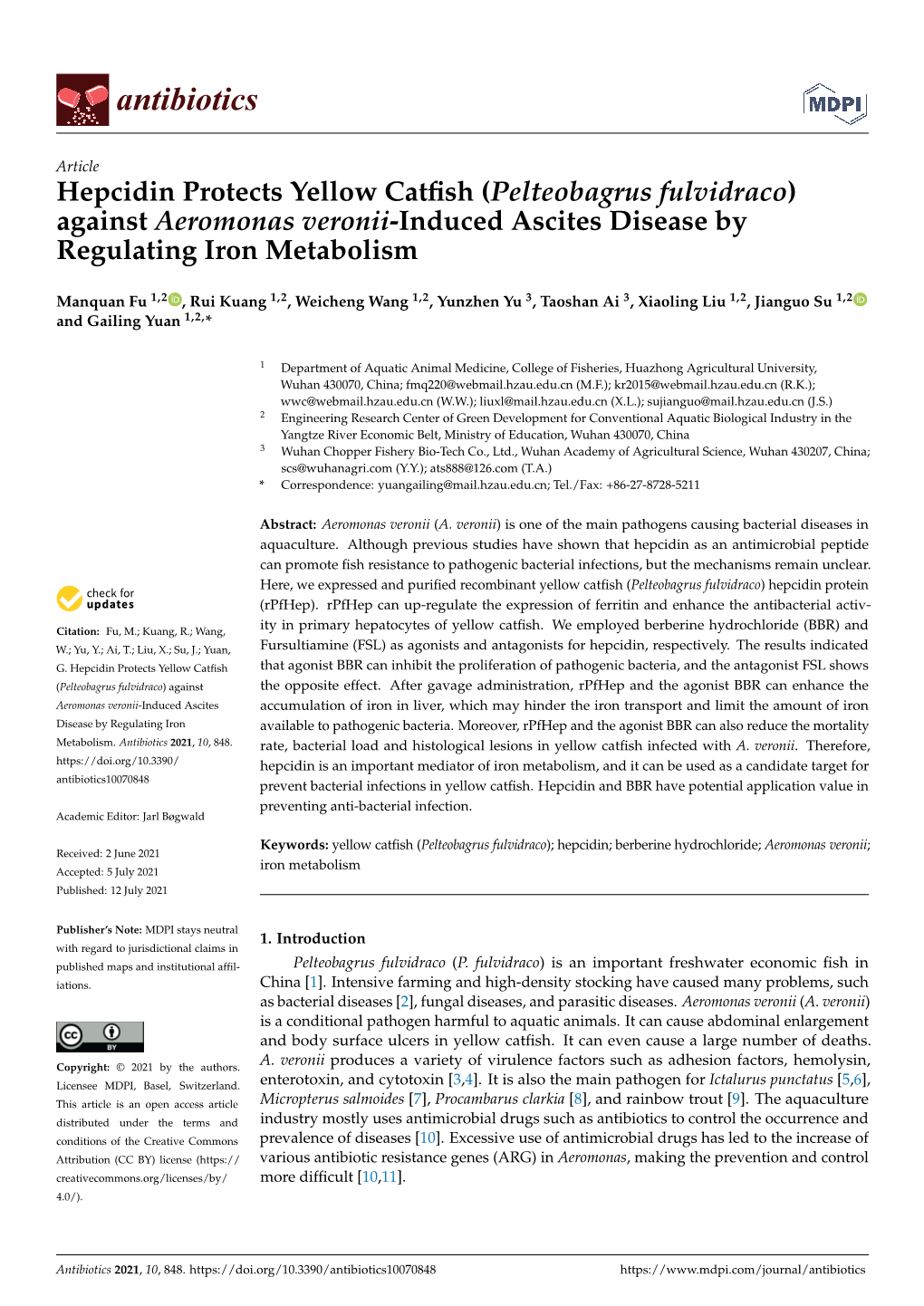 Hepcidin Protects Yellow Catfish (Pelteobagrus Fulvidraco)