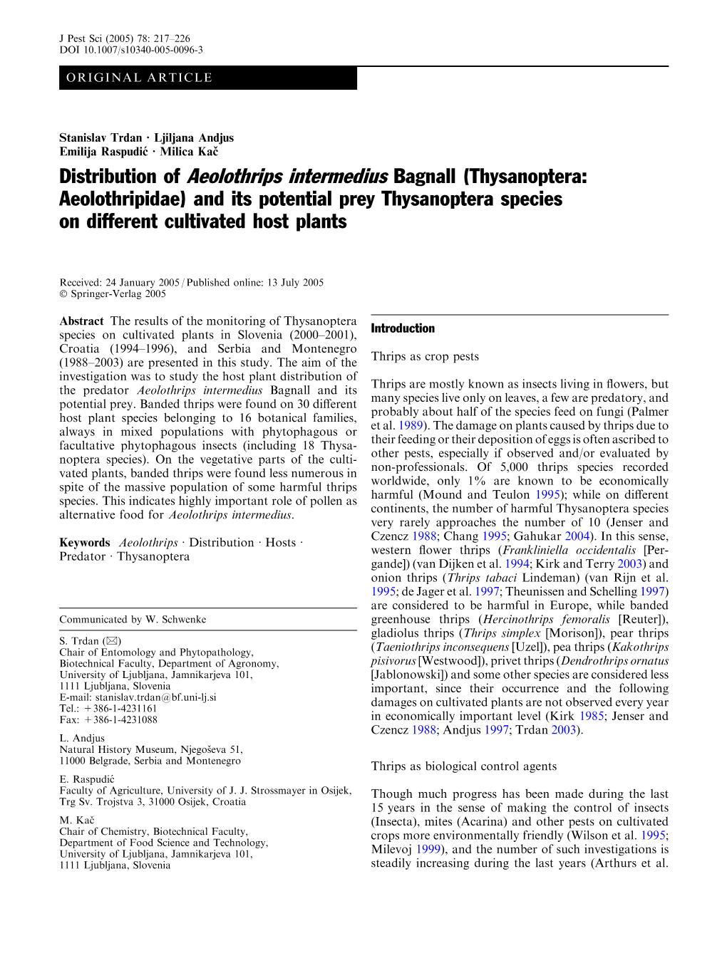 Distribution of Aeolothrips Intermedius Bagnall (Thysanoptera: Aeolothripidae) and Its Potential Prey Thysanoptera Species on Different Cultivated Host Plants