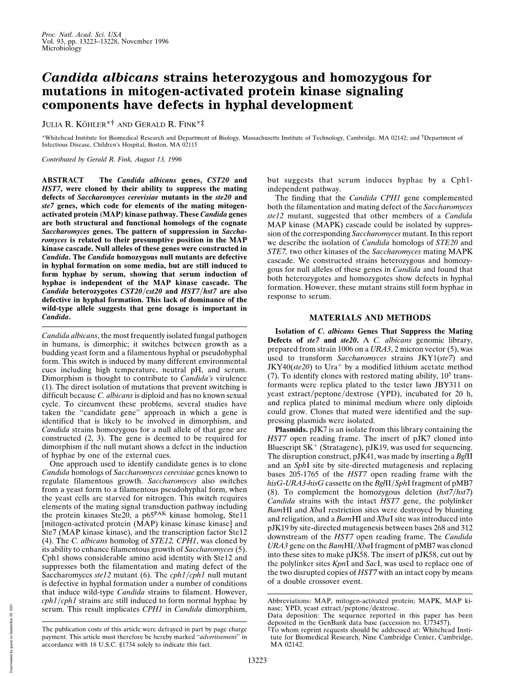 Candida Albicans Strains Heterozygous and Homozygous for Mutations in Mitogen-Activated Protein Kinase Signaling Components Have Defects in Hyphal Development