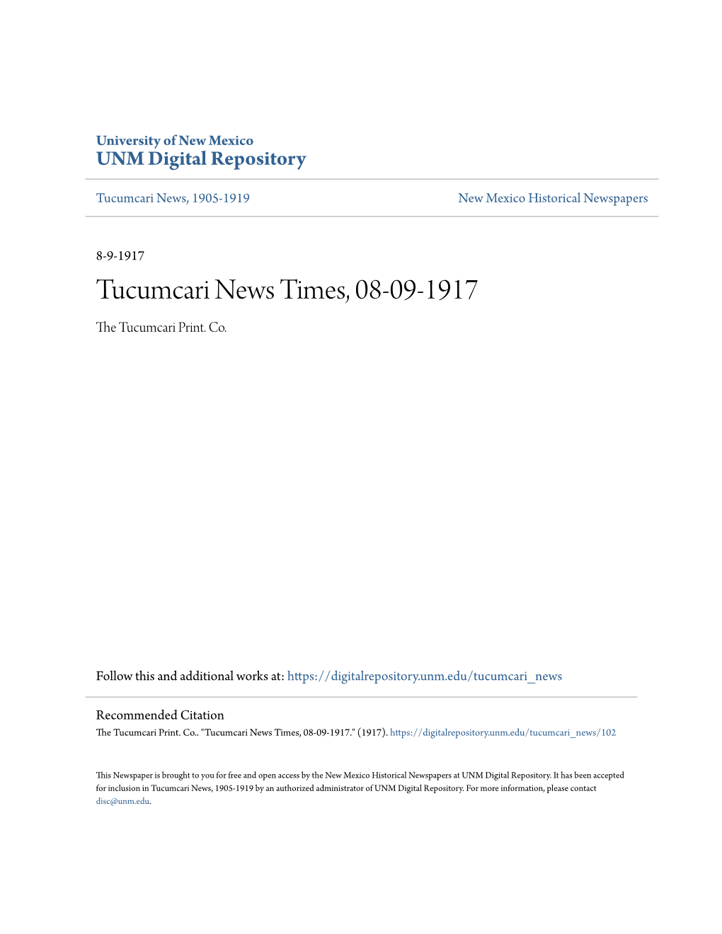 Tucumcari News Times, 08-09-1917 the Uct Umcari Print