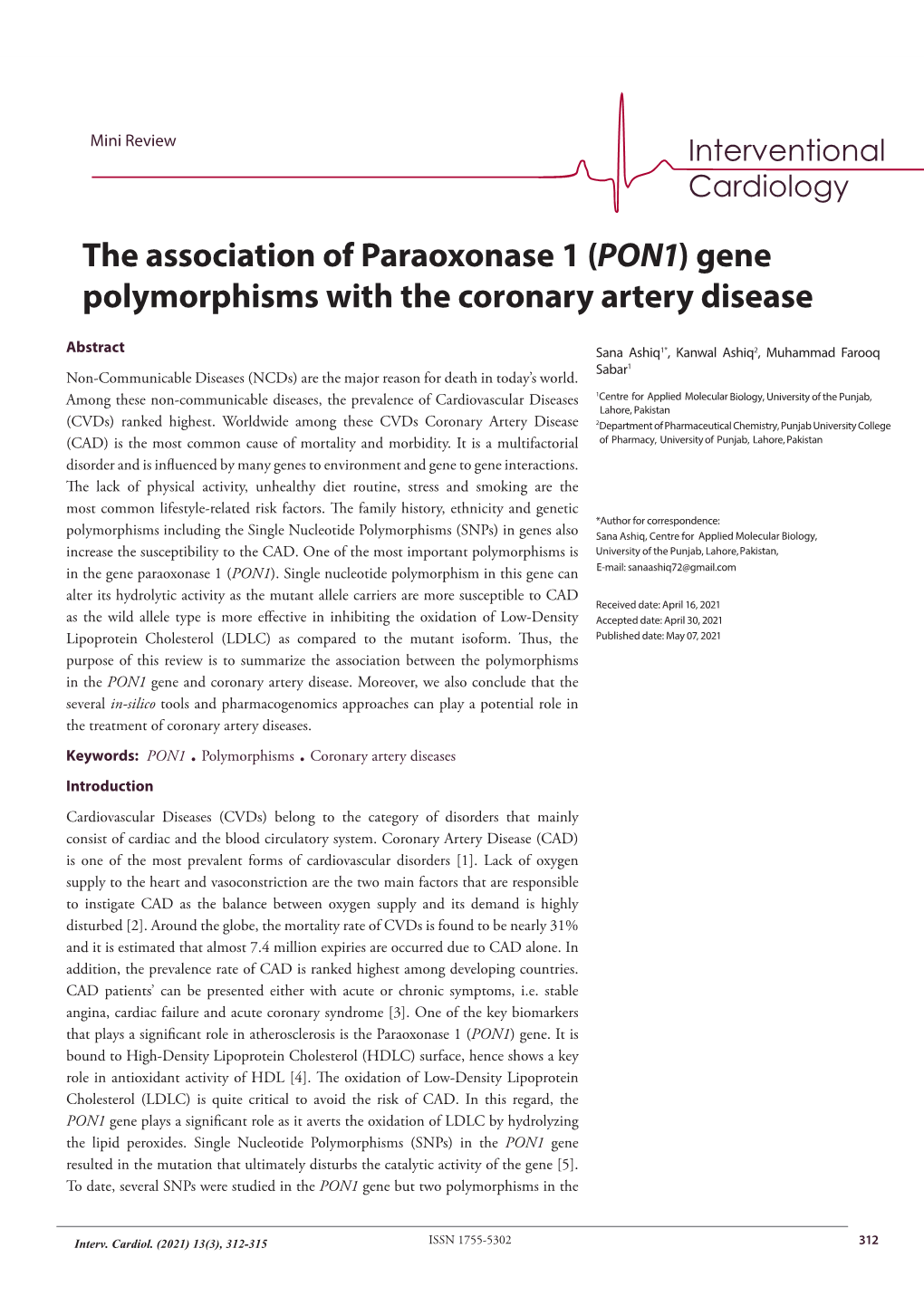 (PON1) Gene Polymorphisms with the Coronary Artery Disease