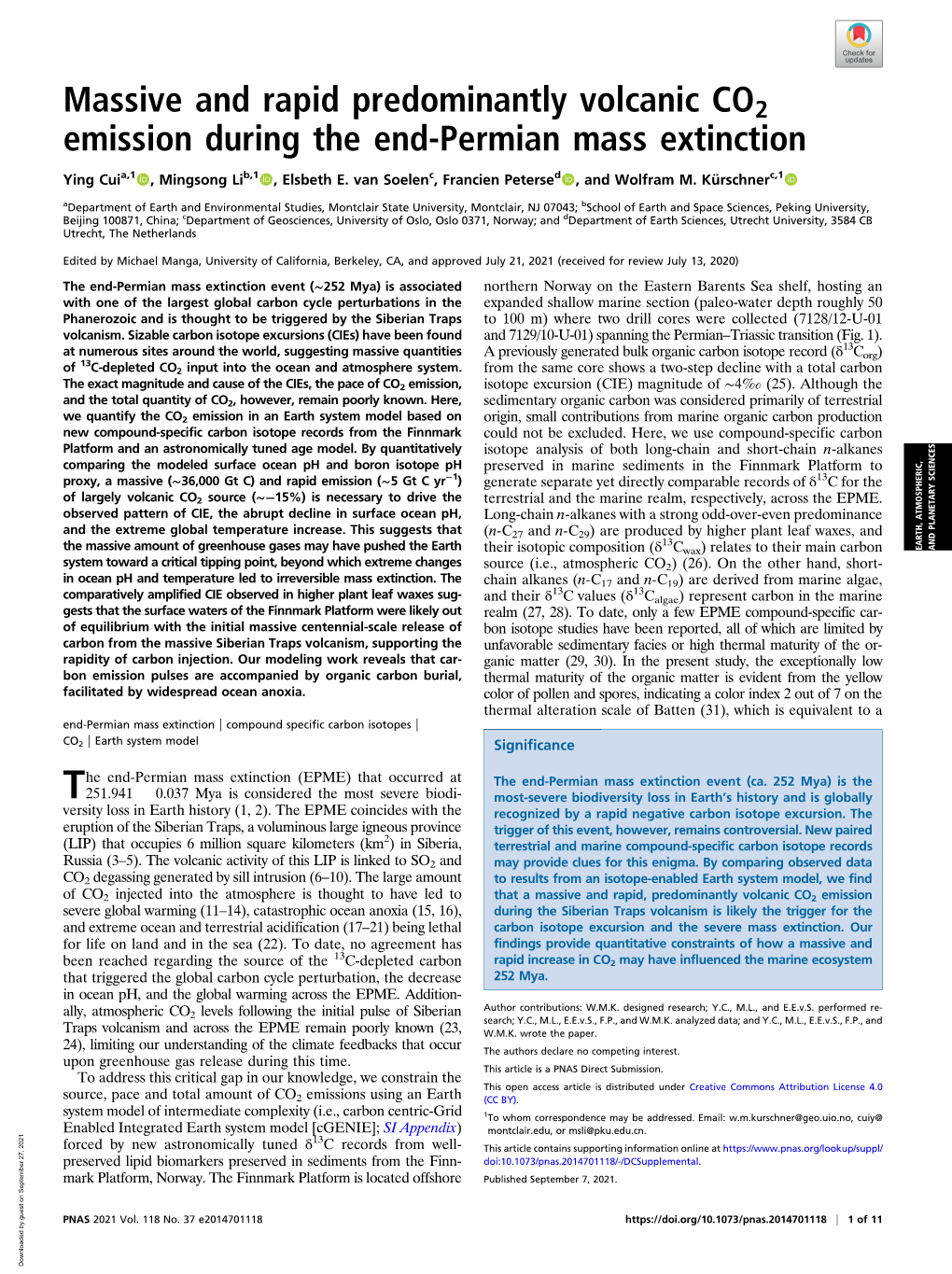 Massive and Rapid Predominantly Volcanic CO2 Emission During the End-Permian Mass Extinction