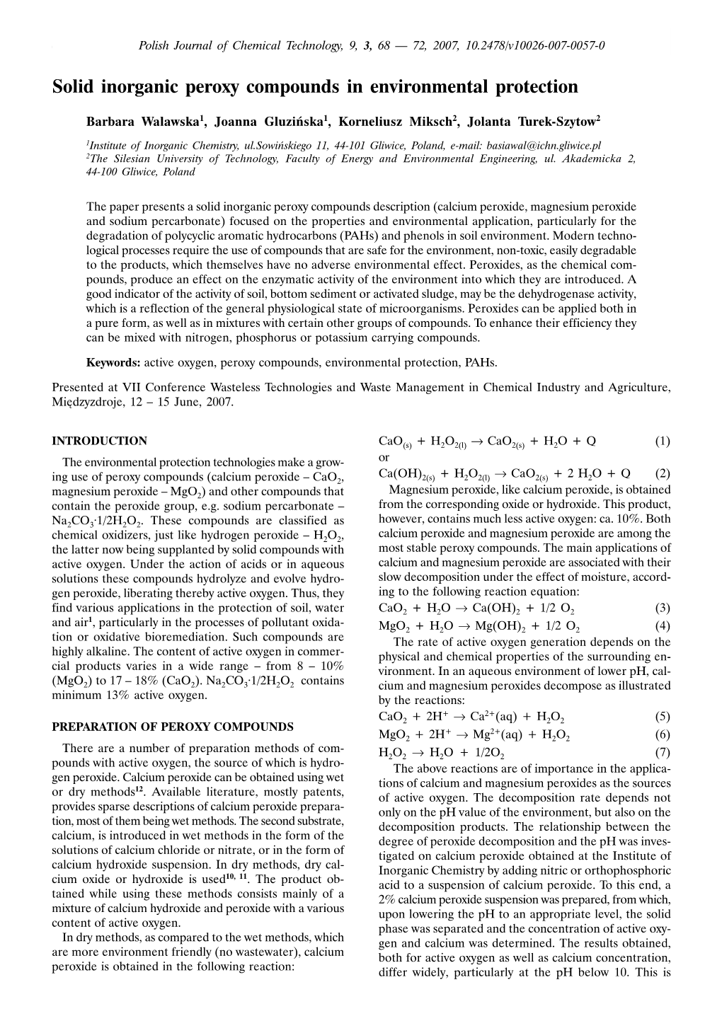 Solid Inorganic Peroxy Compounds in Environmental Protection