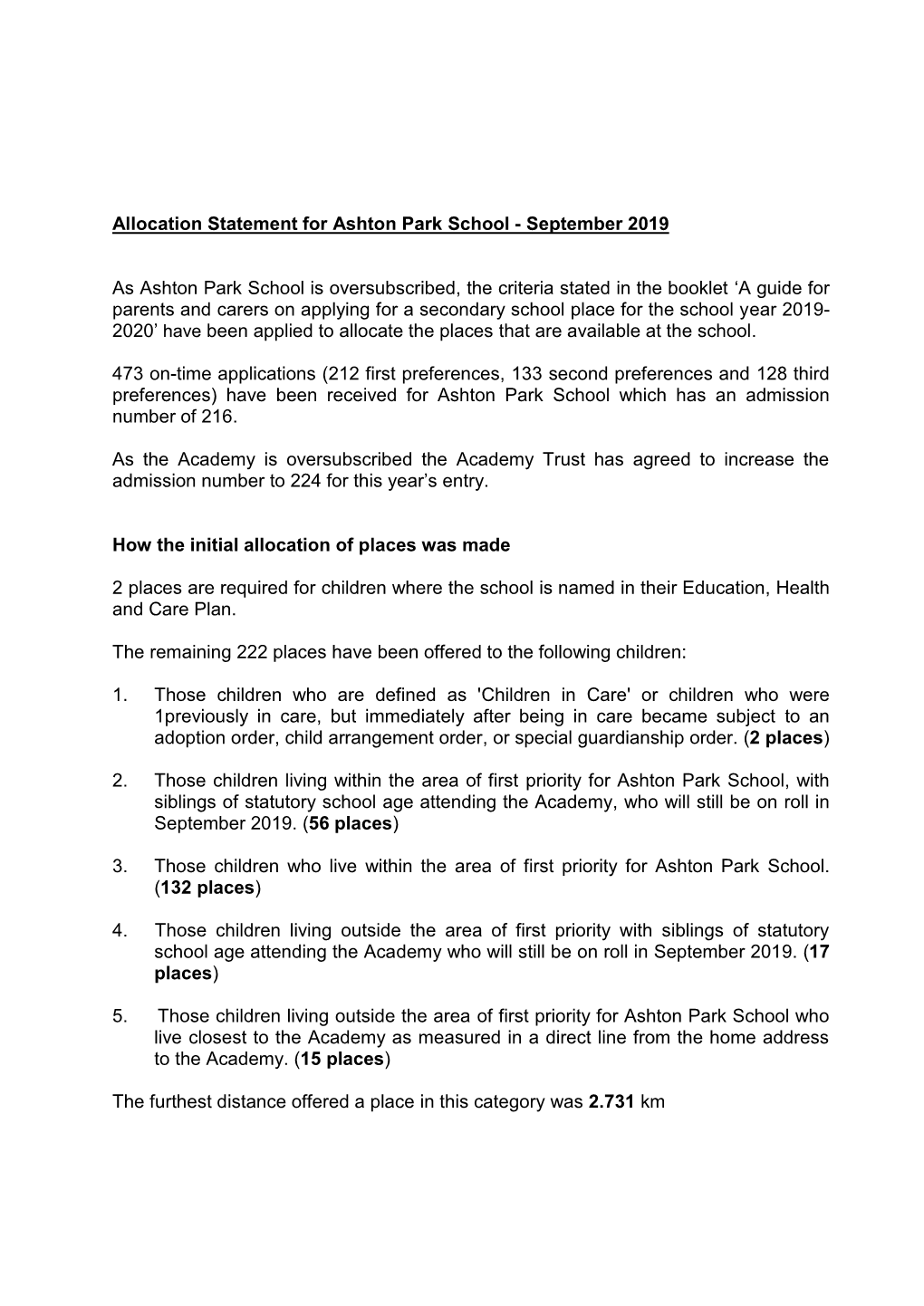 Allocation Statement for Ashton Park School - September 2019