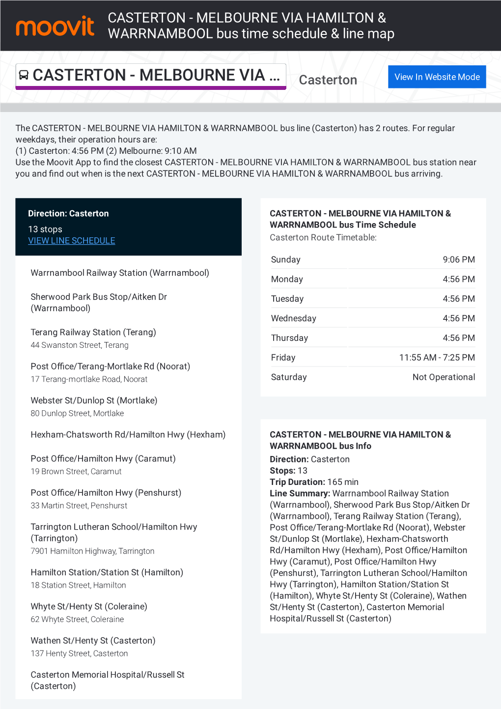 CASTERTON - MELBOURNE VIA HAMILTON & WARRNAMBOOL Bus Time Schedule & Line Map