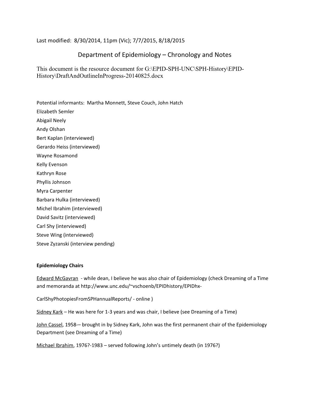 Department of Epidemiology Chronology and Notes