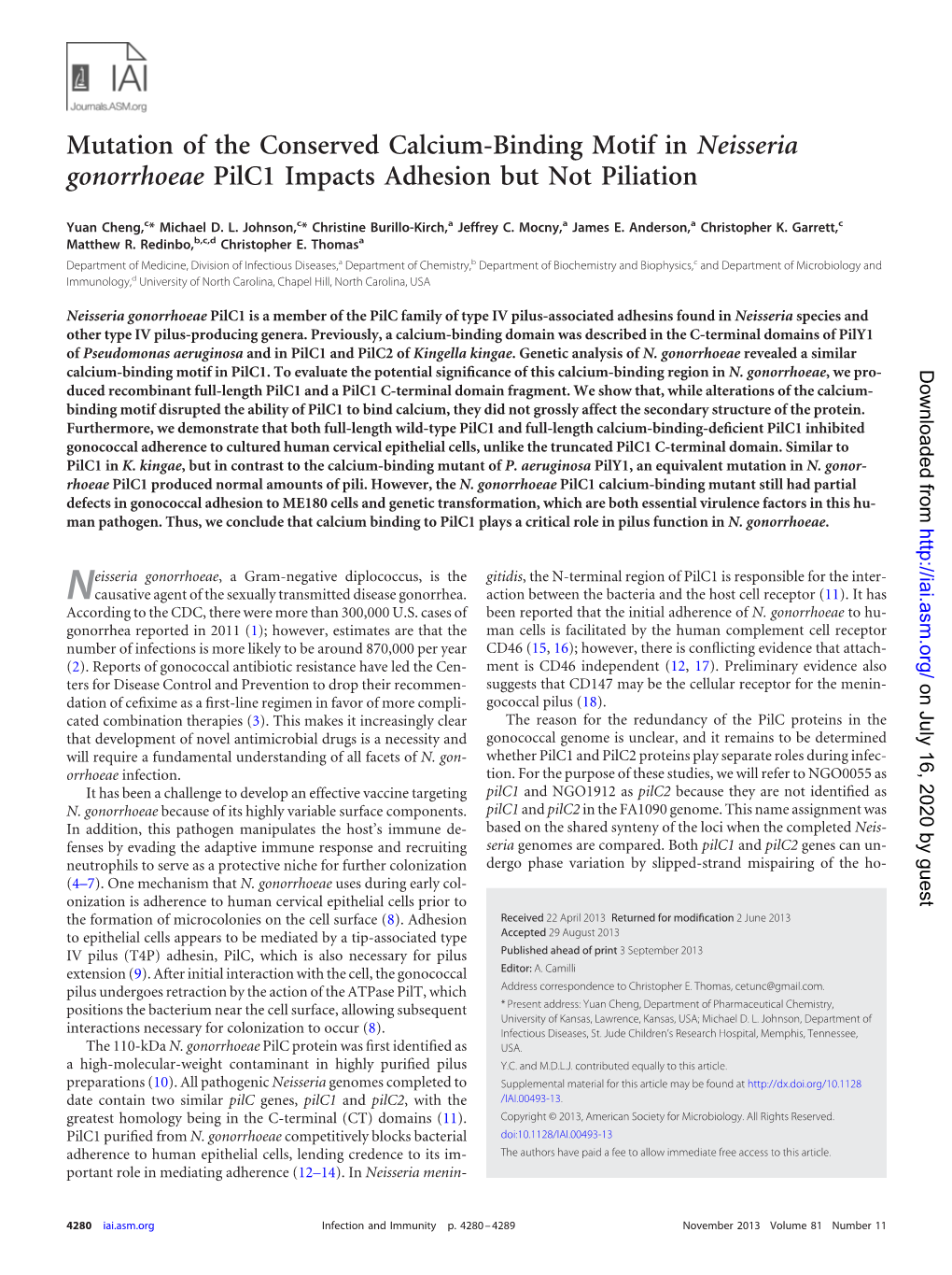 Mutation of the Conserved Calcium-Binding Motif in Neisseria Gonorrhoeae Pilc1 Impacts Adhesion but Not Piliation