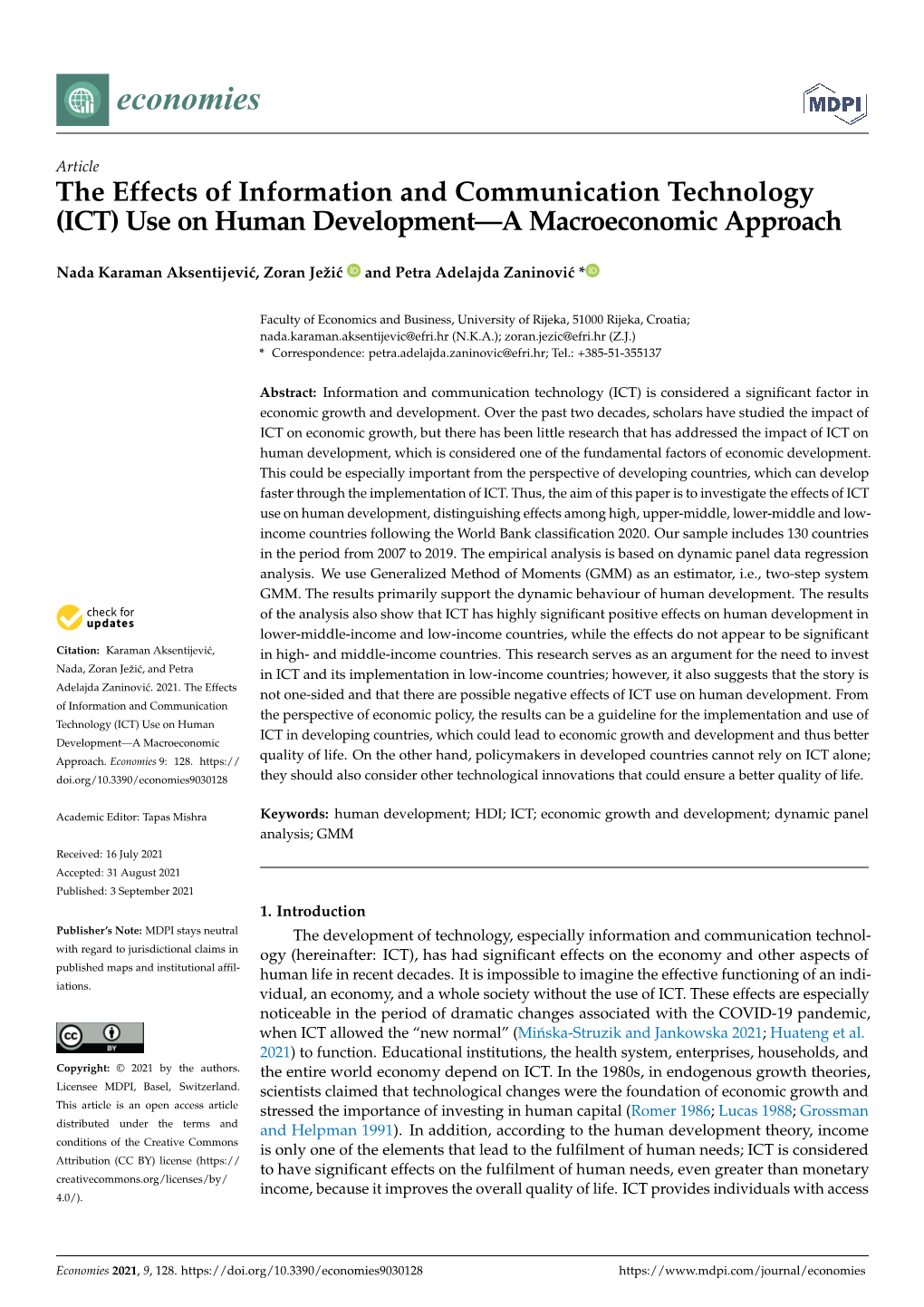 (ICT) Use on Human Development—A Macroeconomic Approach