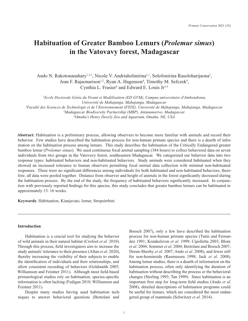 Habituation of Greater Bamboo Lemurs (Prolemur Simus) in the Vatovavy Forest, Madagascar