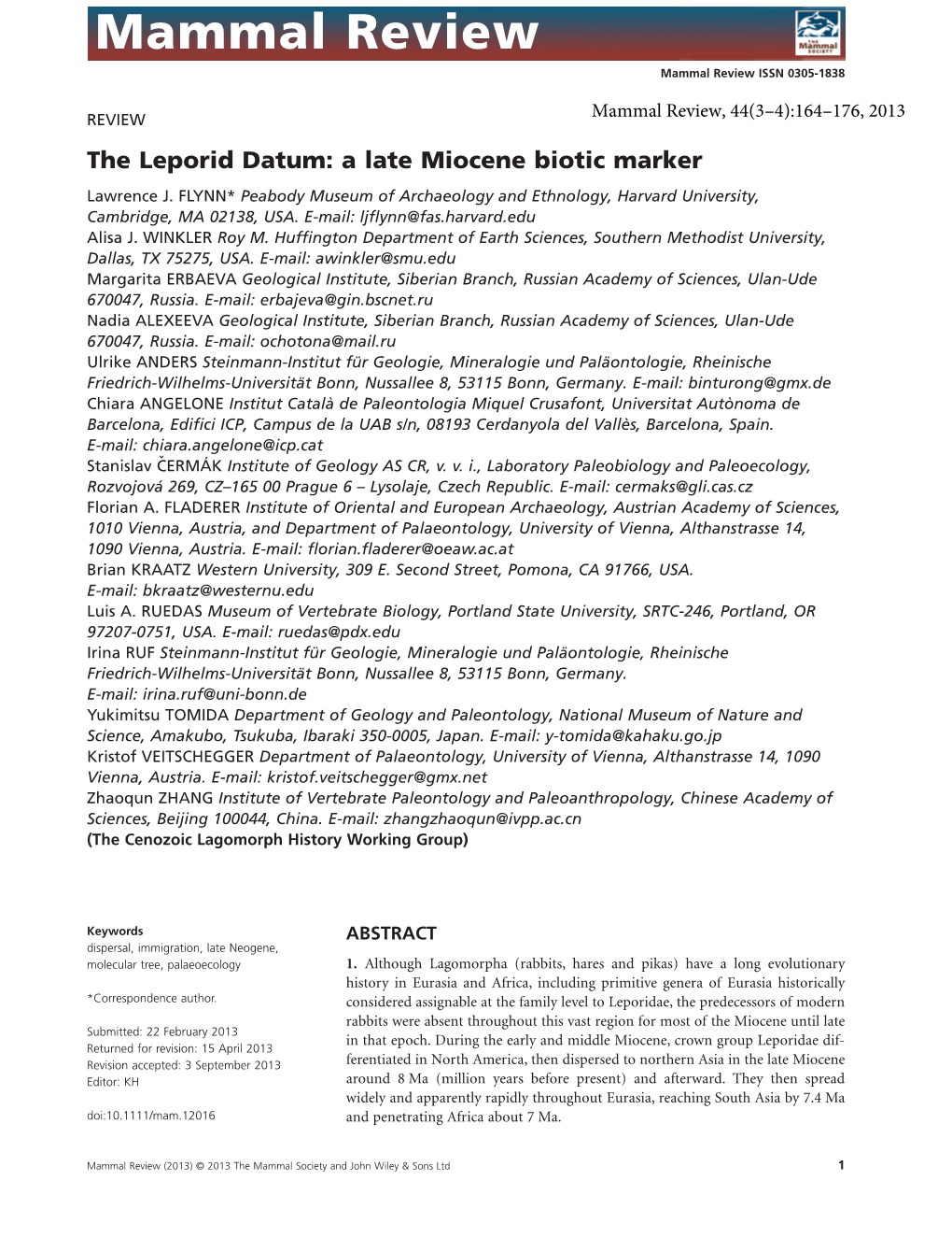 The Leporid Datum: a Late Miocene Biotic Marker Lawrence J