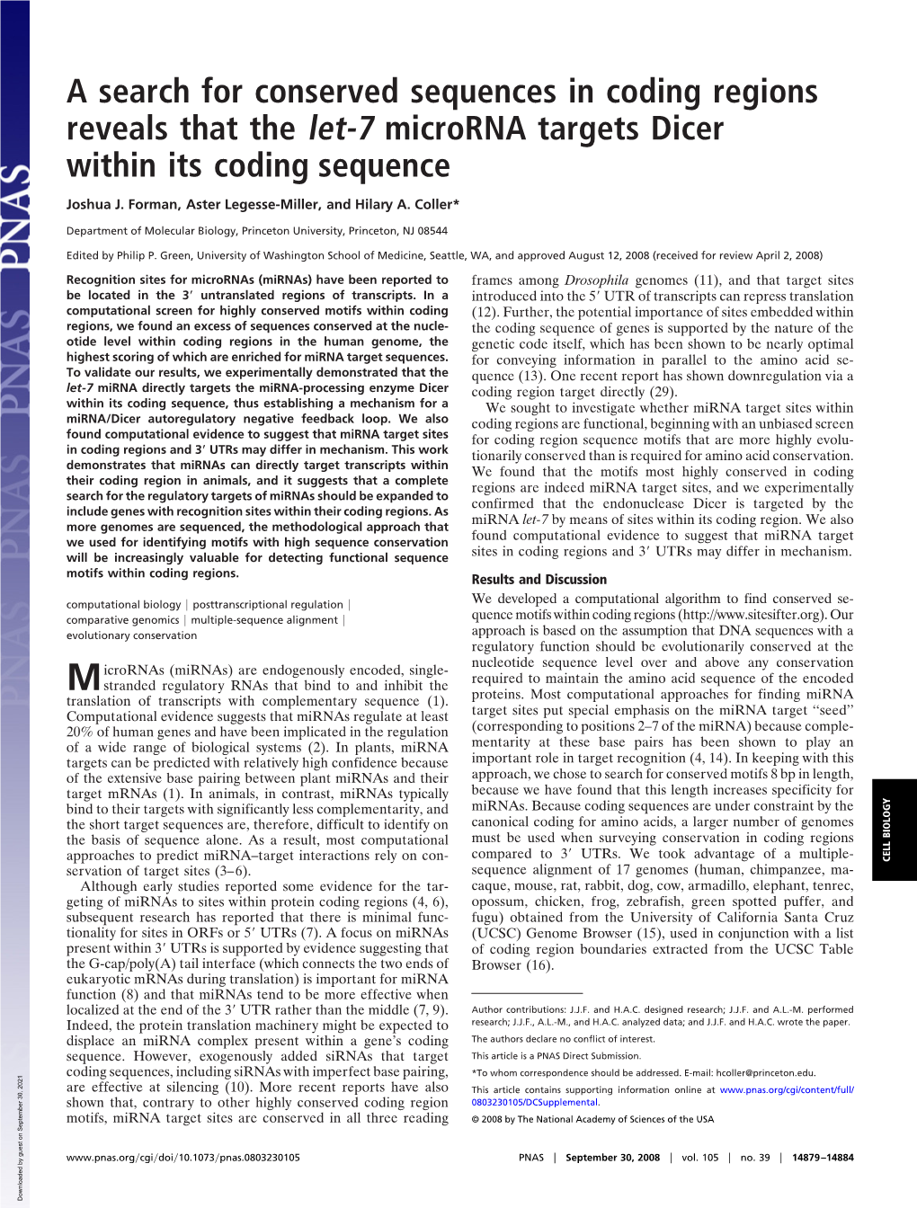 A Search for Conserved Sequences in Coding Regions Reveals That the Let-7 Microrna Targets Dicer Within Its Coding Sequence