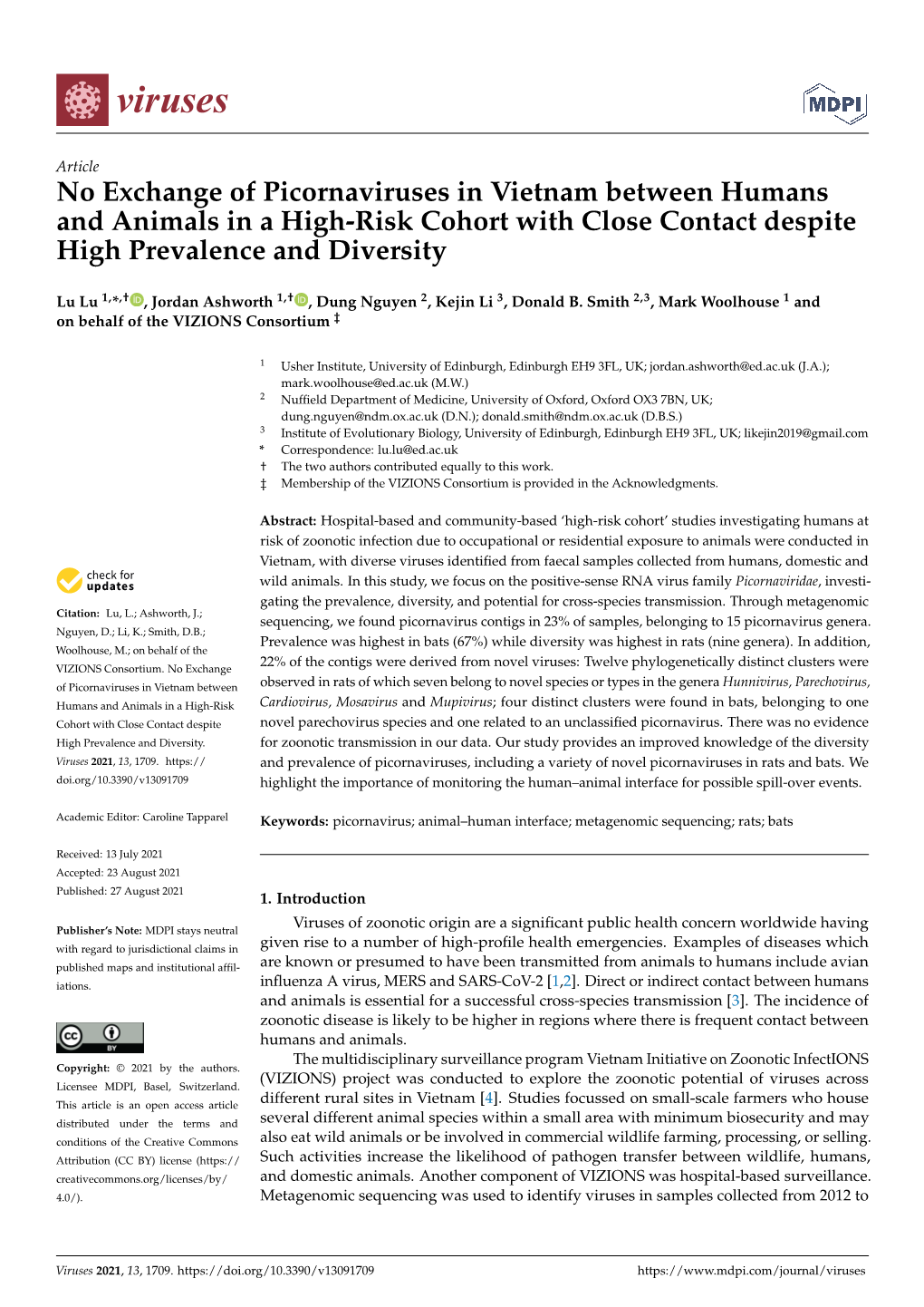 No Exchange of Picornaviruses in Vietnam Between Humans and Animals in a High-Risk Cohort with Close Contact Despite High Prevalence and Diversity