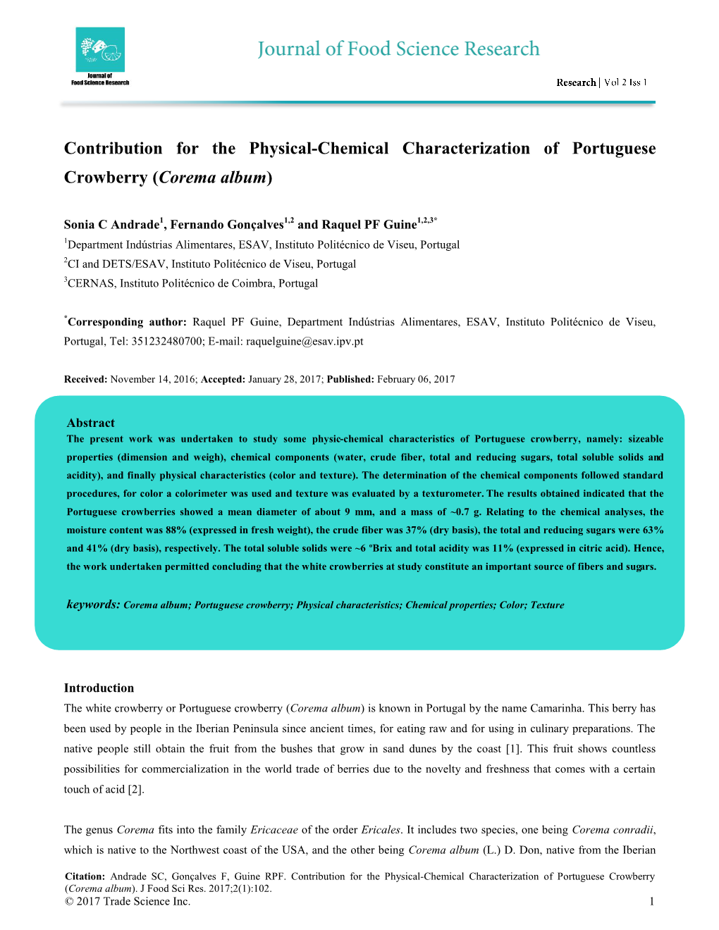 Contribution for the Physical-Chemical Characterization of Portuguese Crowberry (Corema Album)