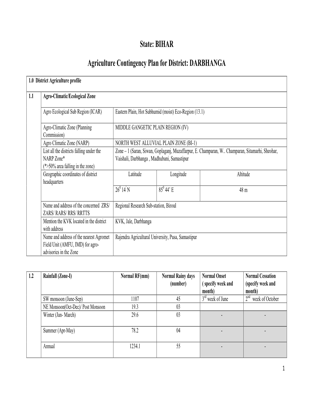 State: BIHAR Agriculture Contingency Plan for District: DARBHANGA