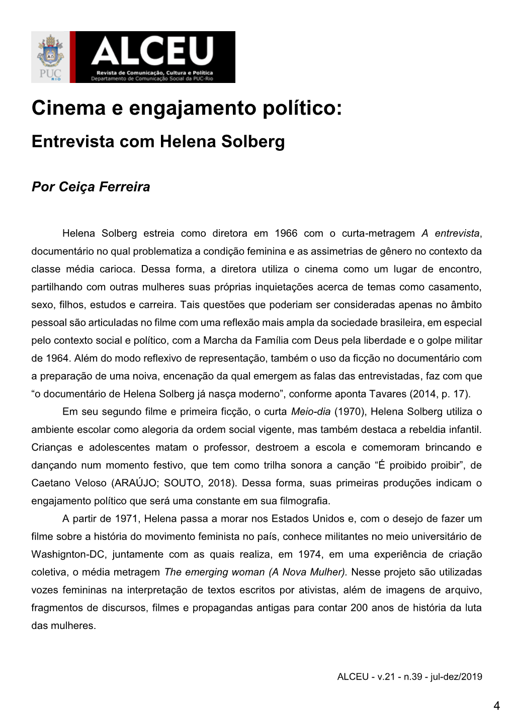 Cinema E Engajamento Político: Entrevista Com Helena Solberg Por Ceiça Ferreira