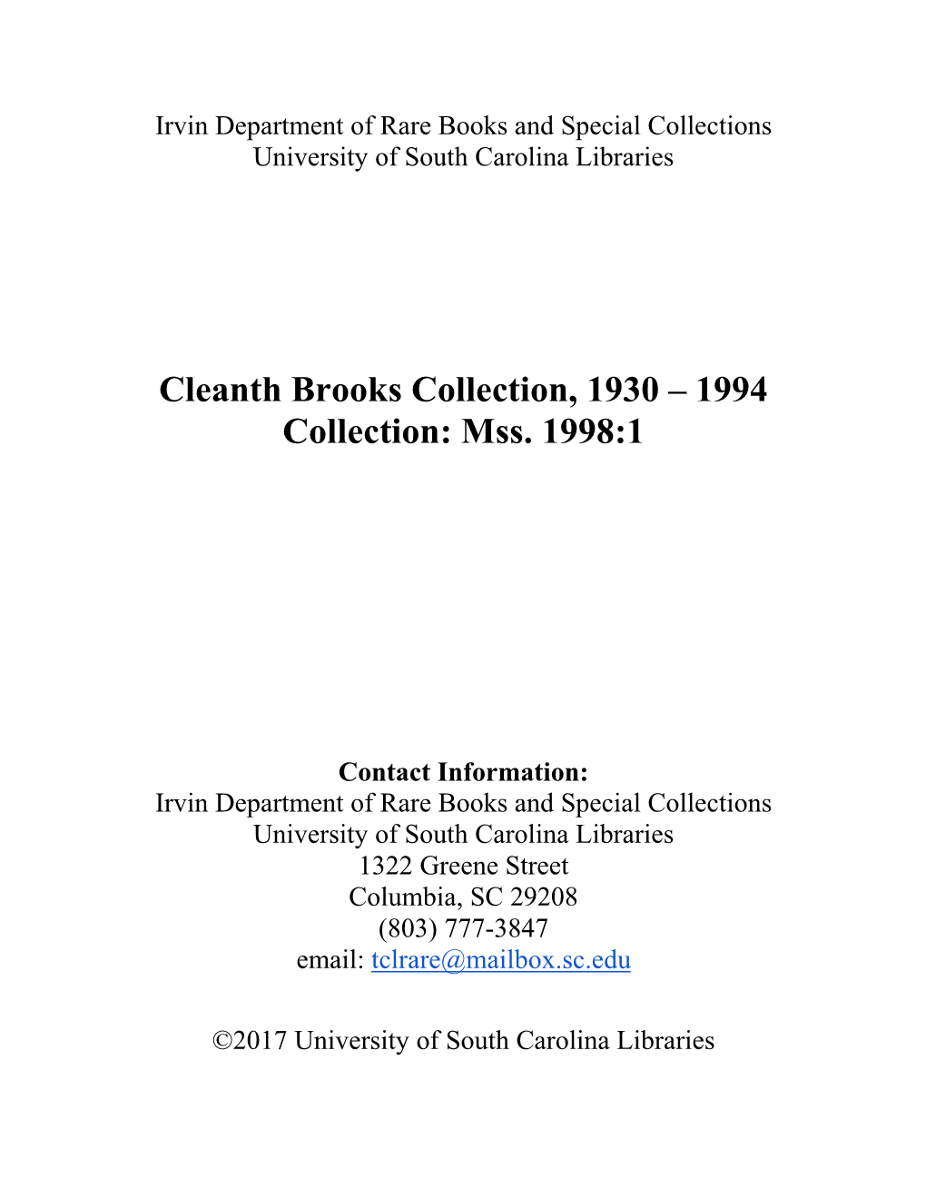 Cleanth Brooks Collection, 1930 – 1994 Collection: Mss