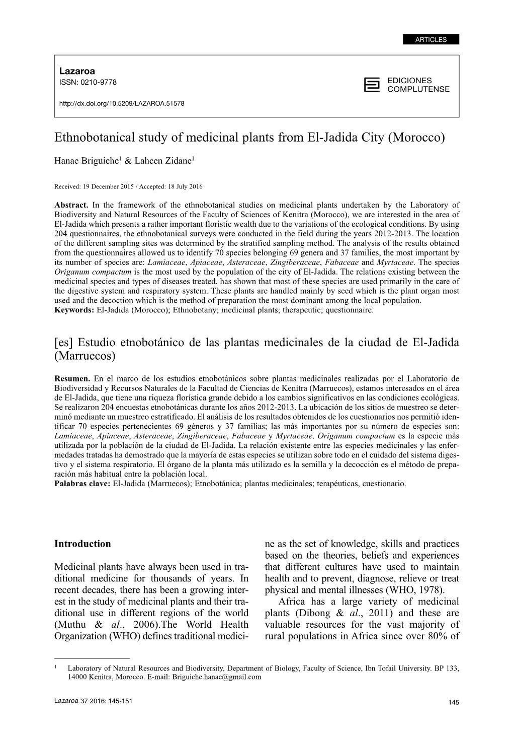Ethnobotanical Study of Medicinal Plants from El-Jadida City (Morocco)