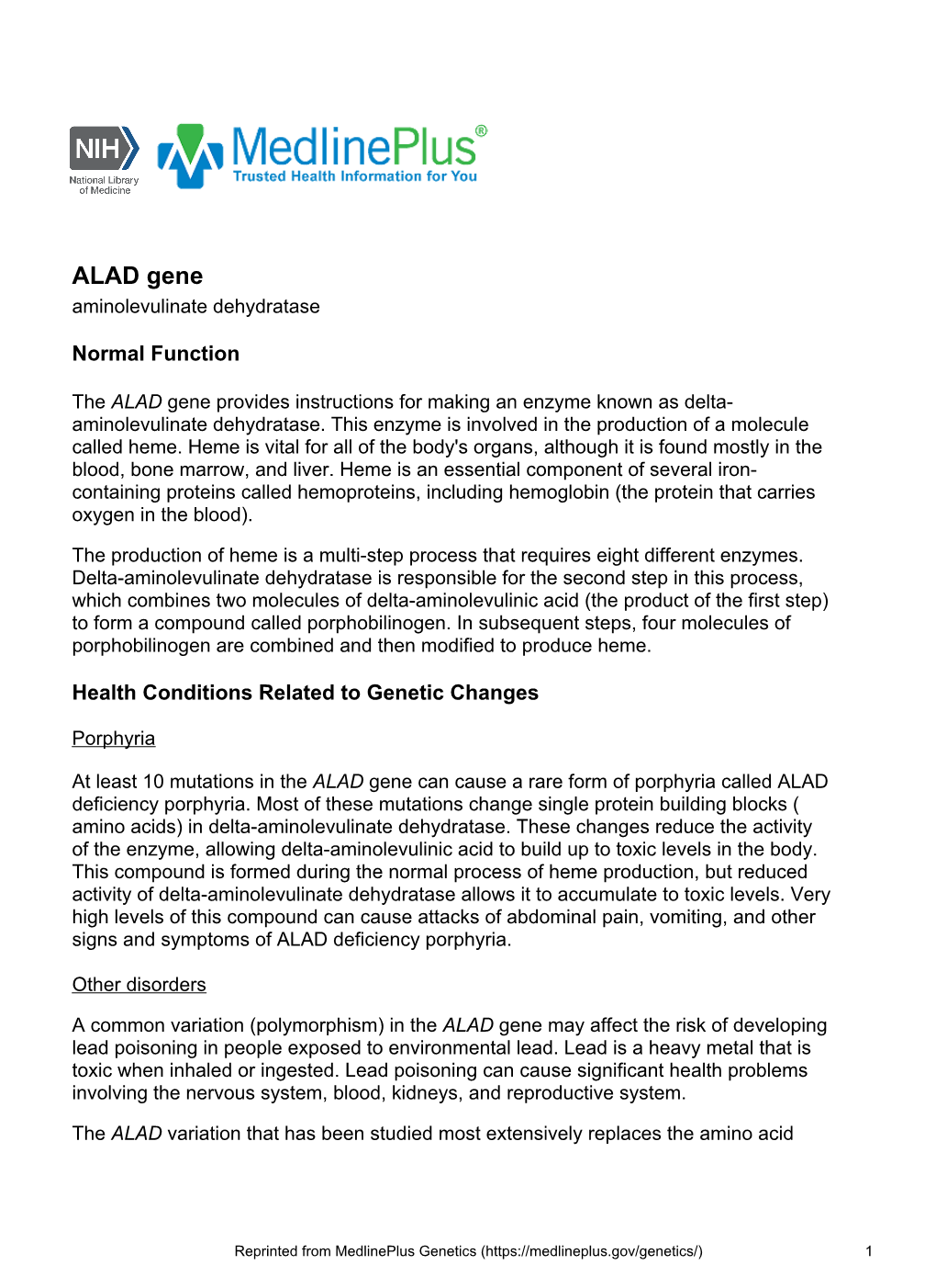 ALAD Gene Aminolevulinate Dehydratase