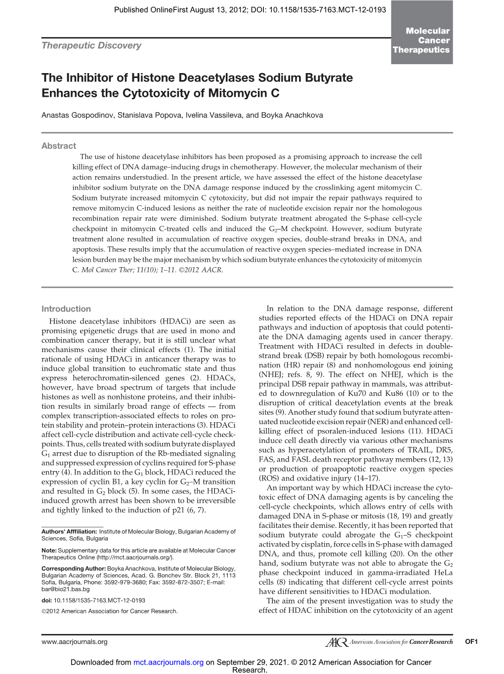 The Inhibitor of Histone Deacetylases Sodium Butyrate Enhances the Cytotoxicity of Mitomycin C