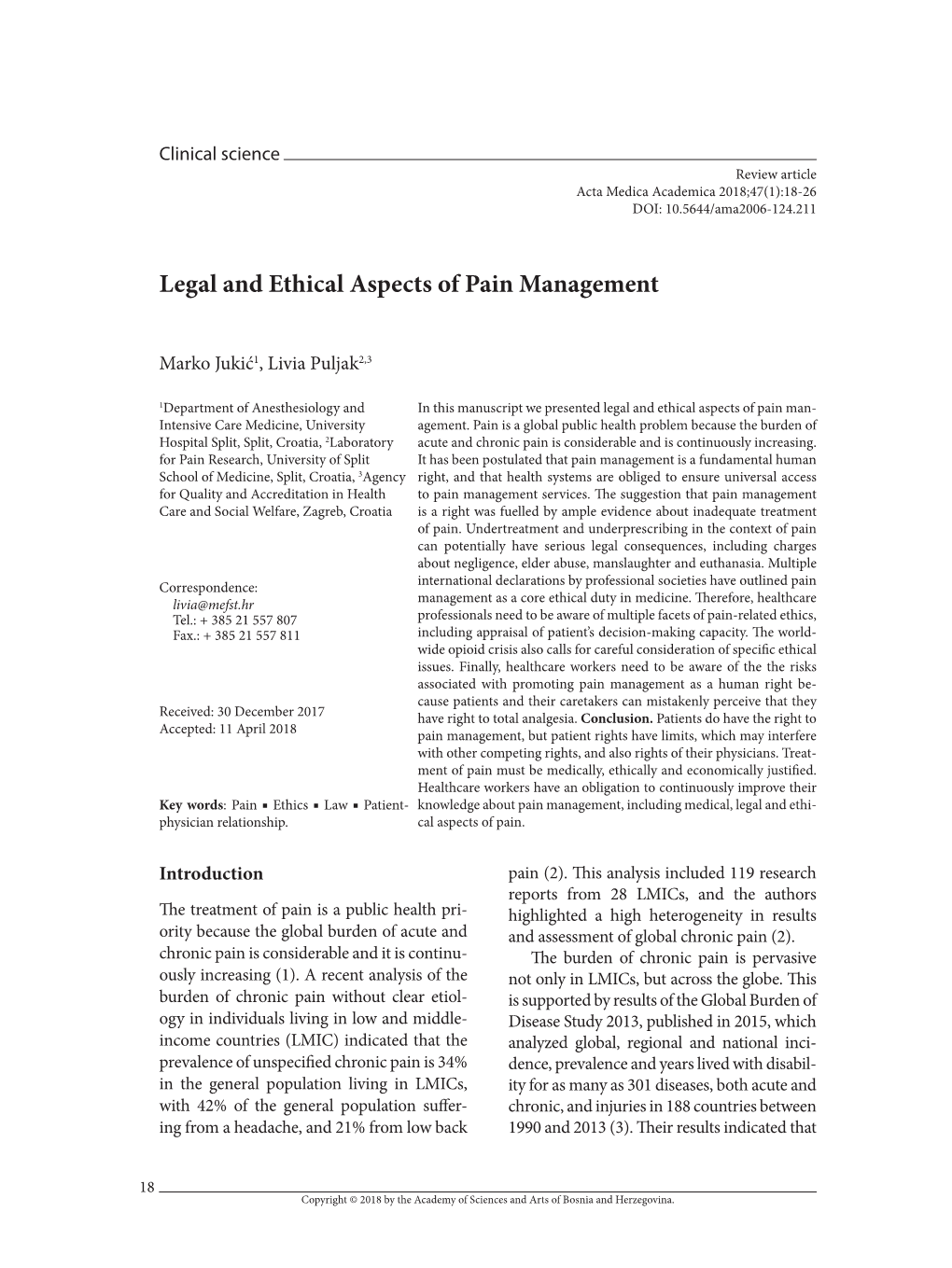 Legal and Ethical Aspects of Pain Management