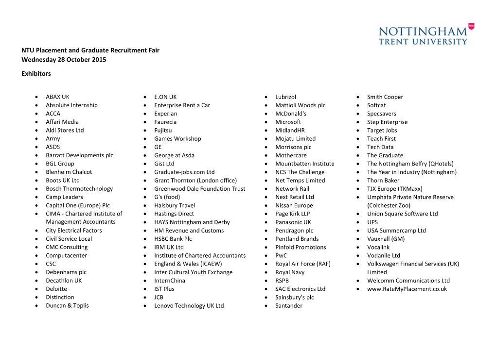 NTU Placement and Graduate Recruitment Fair Wednesday 28 October 2015 Exhibitors