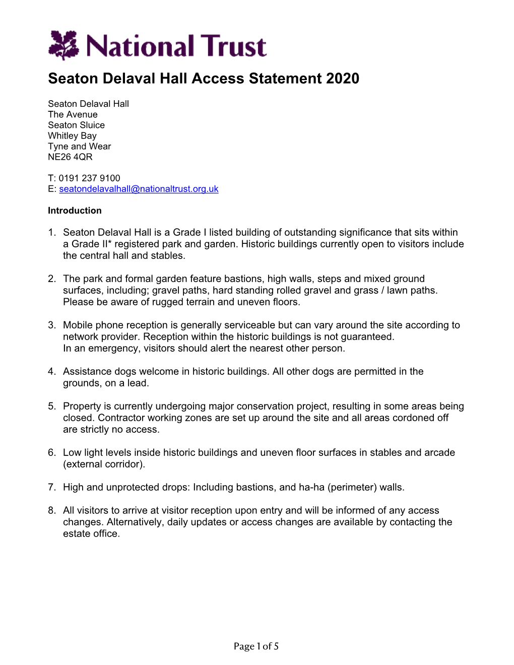 Seaton Delaval Hall Access Statement 2020