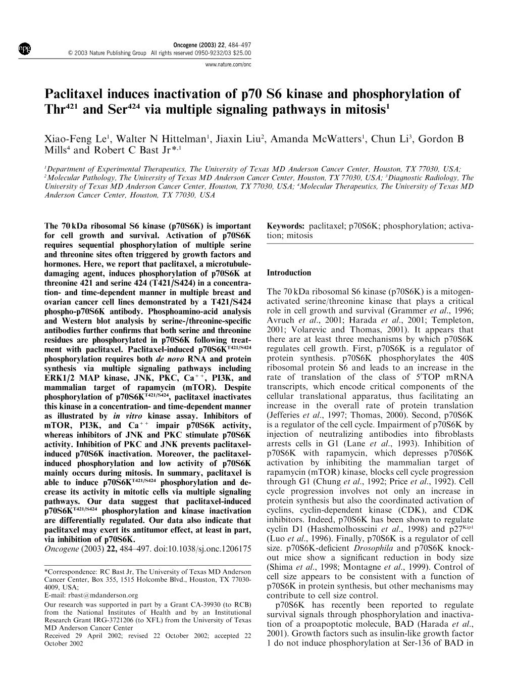 Paclitaxel Induces Inactivation of P70 S6 Kinase and Phosphorylation of Thr421 and Ser424 Via Multiple Signaling Pathways in Mitosis1