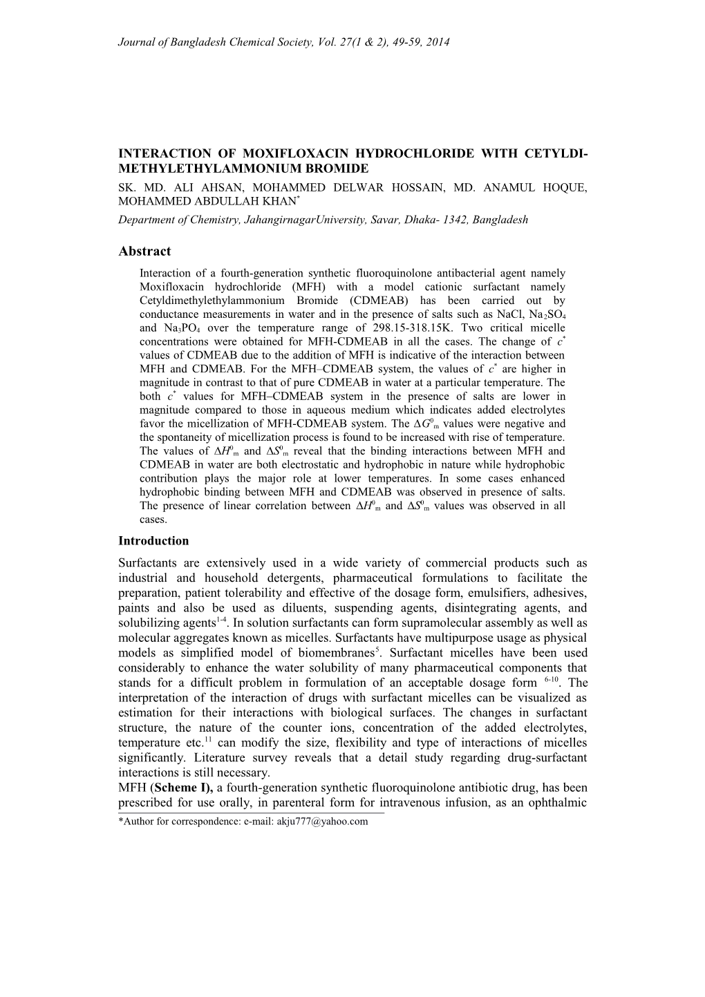 Interaction of Moxifloxacin Hydrochloride with Cetyldi-Methylethylammonium Bromide