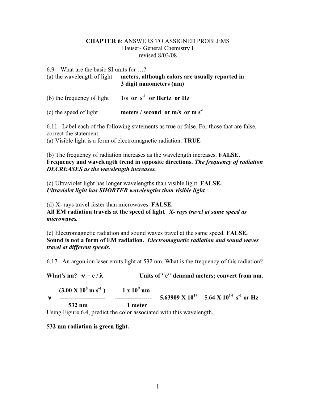 ANSWERS to ASSIGNED PROBLEMS Hauser- General Chemistry I Revised 8/03/08