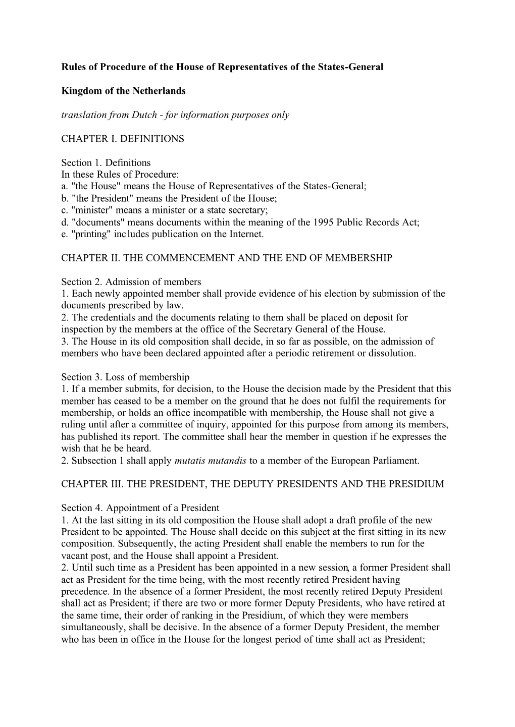 Rules of Procedure of the House of Representatives of the States-General