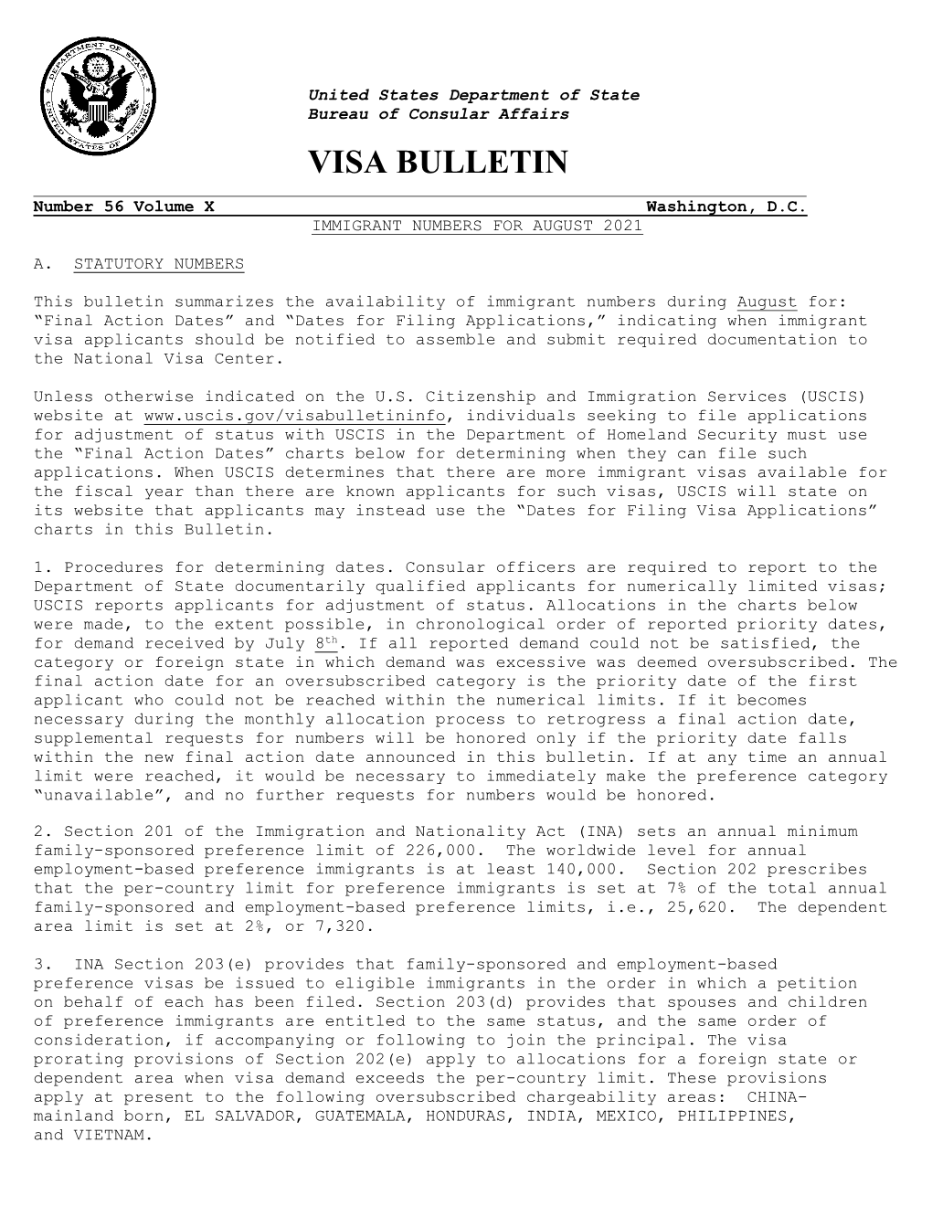 Visa Bulletin for August 2021